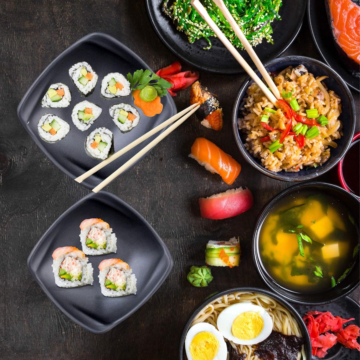 Tazón cuadrado de melamina para ensalada, sopa, fideos, 5.5 x 1.5 pulgadas, juego de 4 platos japoneses