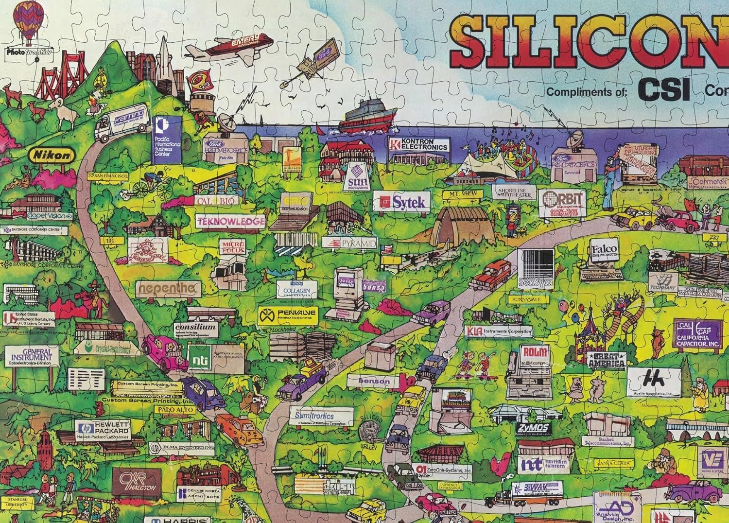 Rompecabezas de 1000 piezas  1986  Mapa gráfico ilustrado de Silicon Valley que muestra todas las marcas comerciales importantes