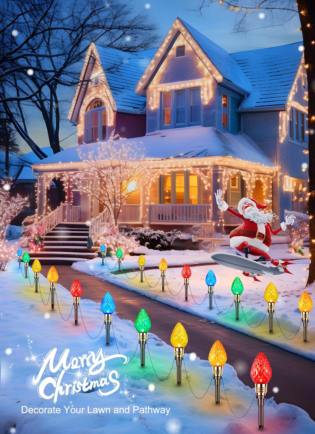 Brightown Paquete de 2 luces de camino de Navidad C9 de fresa para exteriores, total de 34.8 pies, 20 luces LED C9, bombillas multicolor, luces de