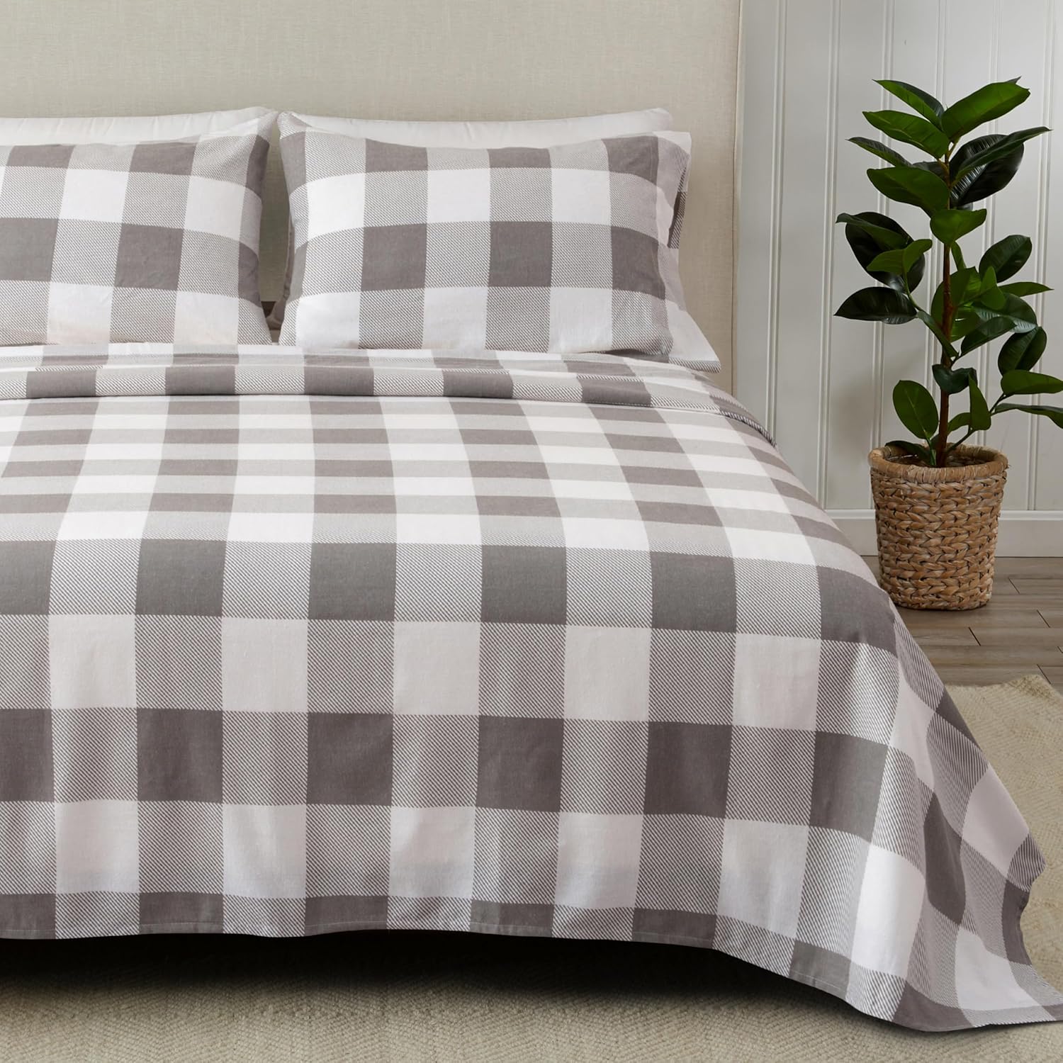 Great Bay Home – Juego de sábanas de franela de 100 % algodón turco a cuadros tamaño individual, con bolsillo profundo, suaves, cálidas, de doble