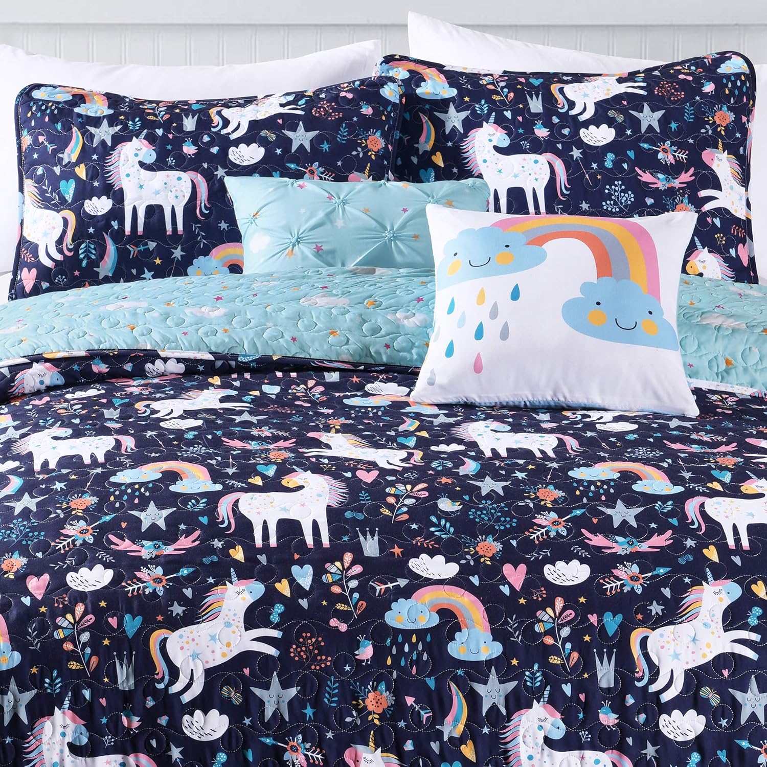 Lush Decor – Juego de 5 piezas de edredón de unicornio con corazón para niños, tamaño matrimonialqueen, azul marino, incluye edredón reversible, 2