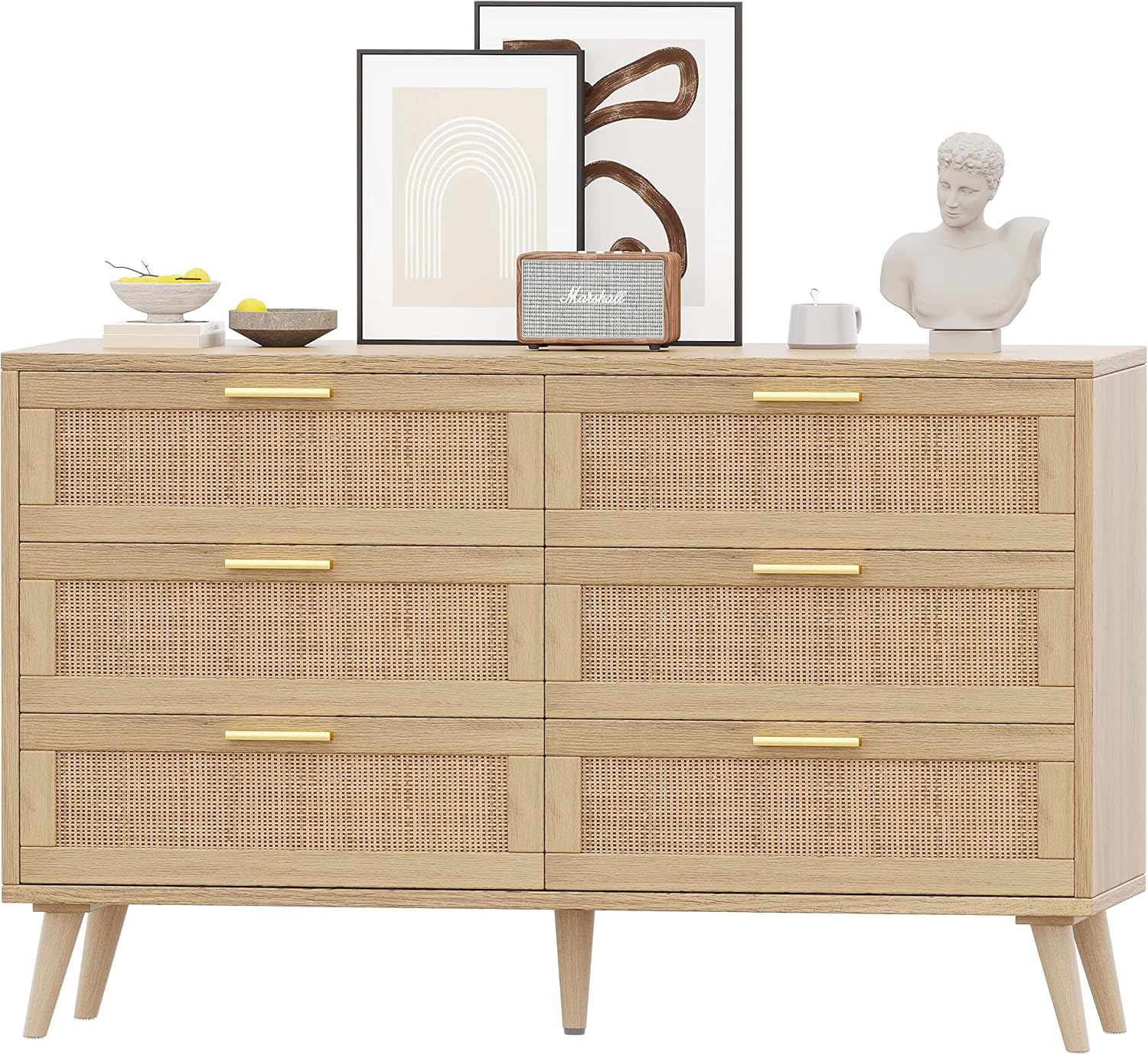 Rovaurx Cómoda doble de 6 cajones para dormitorio, cómoda de ratán, cómoda de madera moderna con asas doradas, mesa auxiliar para armario, sala de