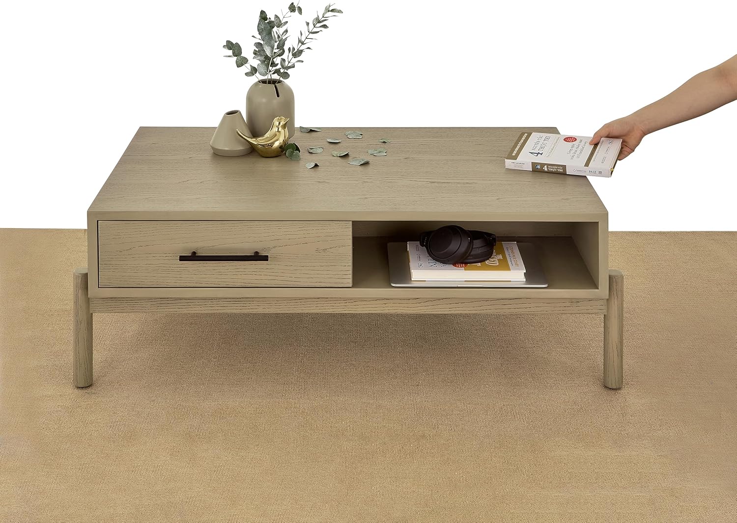 Bme Lyra – Mesa auxiliar rectangular de madera maciza para sala de estar, mesa central moderna de mediados de siglo con almacenamiento, fácil