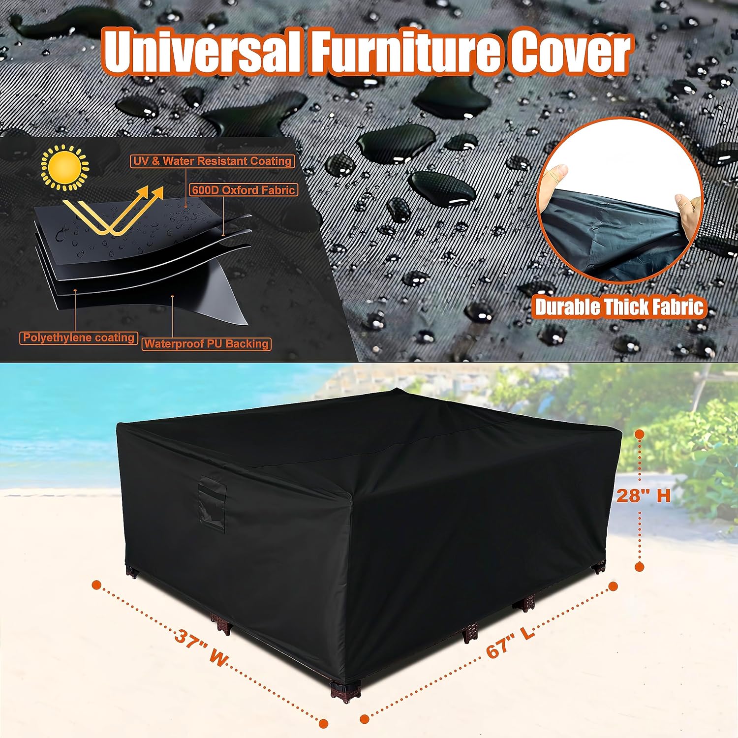 Likorlove Fundas impermeables para muebles de patio, 67 pulgadas de largo x 37 pulgadas de ancho x 28 pulgadas de alto, fundas grandes para mesa y