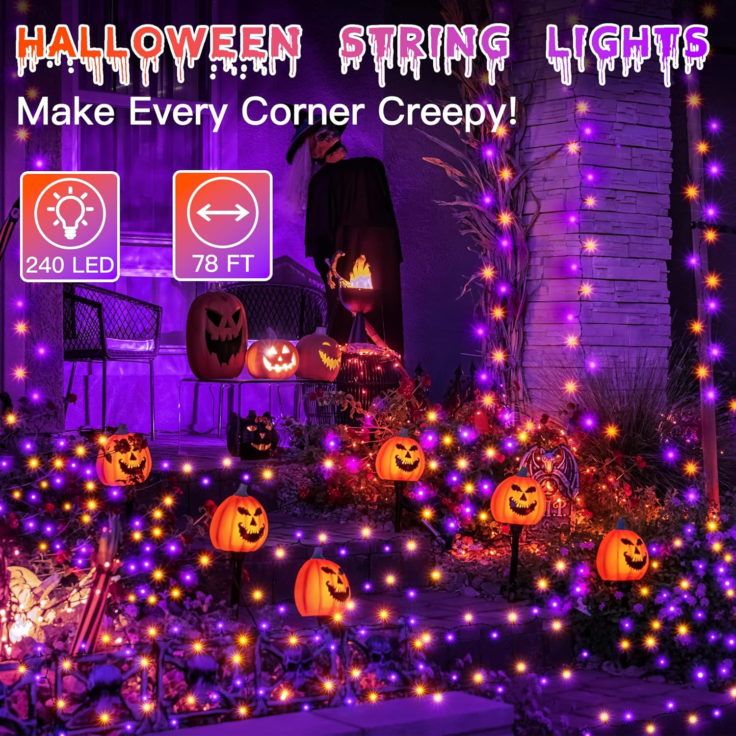 Ccinny 240 luces LED de Halloween de 78 pies con memoria, 13 modos de luces impermeables de Halloween al aire libre con temporizador, decoraciones