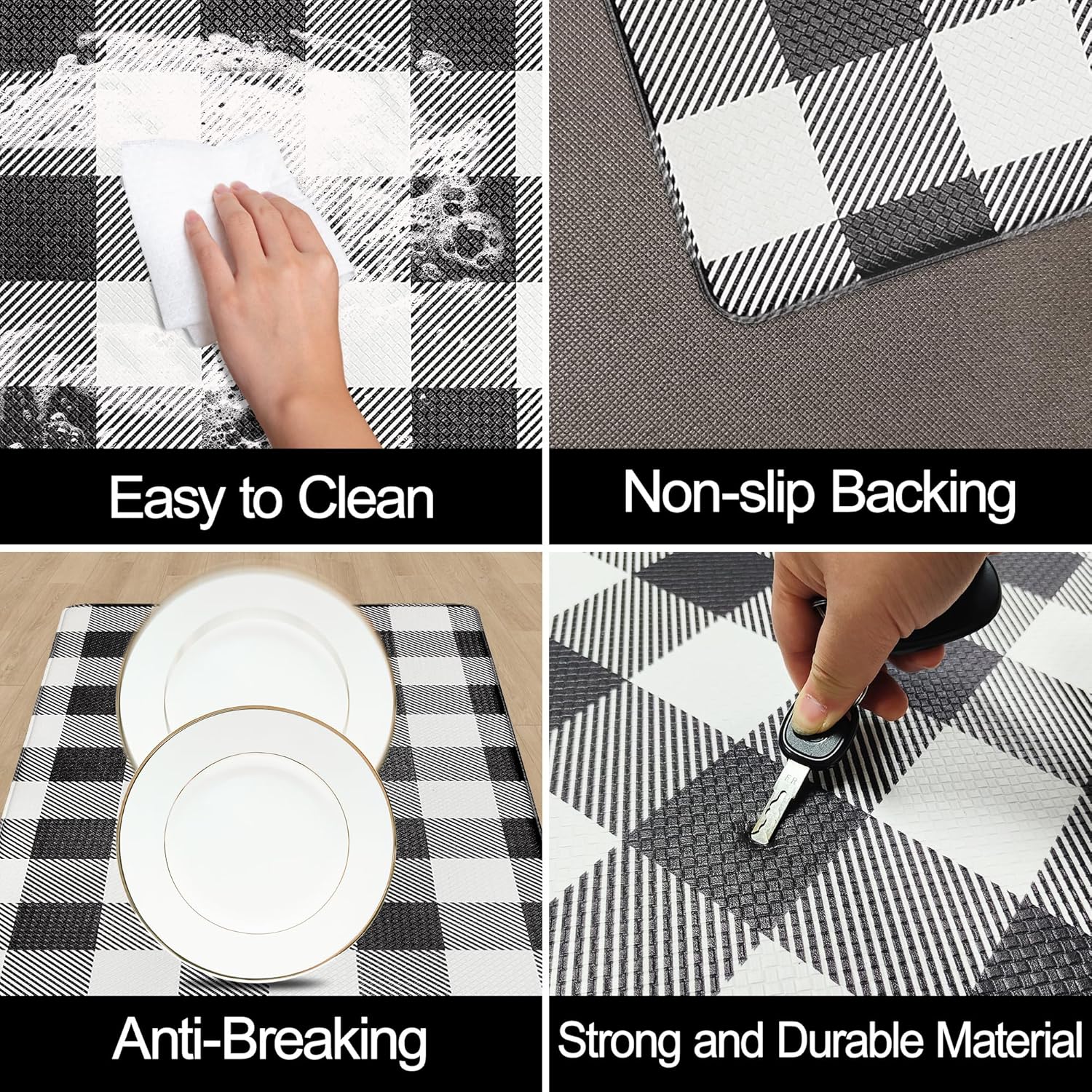Tapete de cocina antifatiga para cocina, camino de piso de 17.3 x 59 pulgadas, tapete de cocina a cuadros blanco y negro, impermeable, tapete cómodo