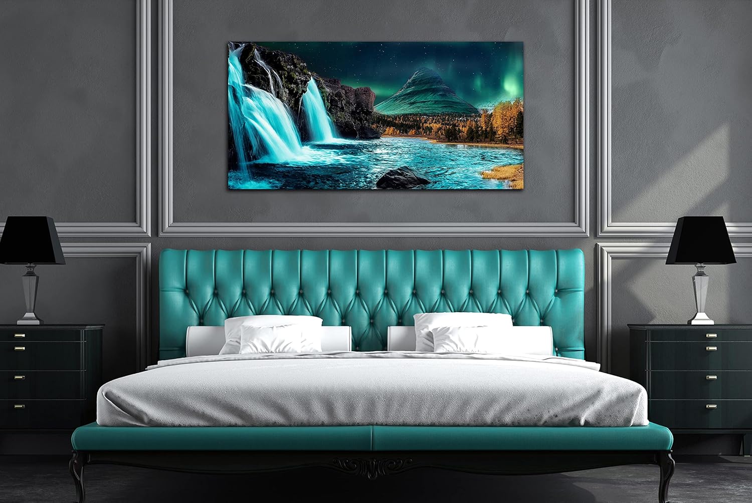 THRLVEART Lienzo decorativo de pared en cascada grande  Decoración de sala de estar verde azulado  Luces del norte, arte de pared moderno para el
