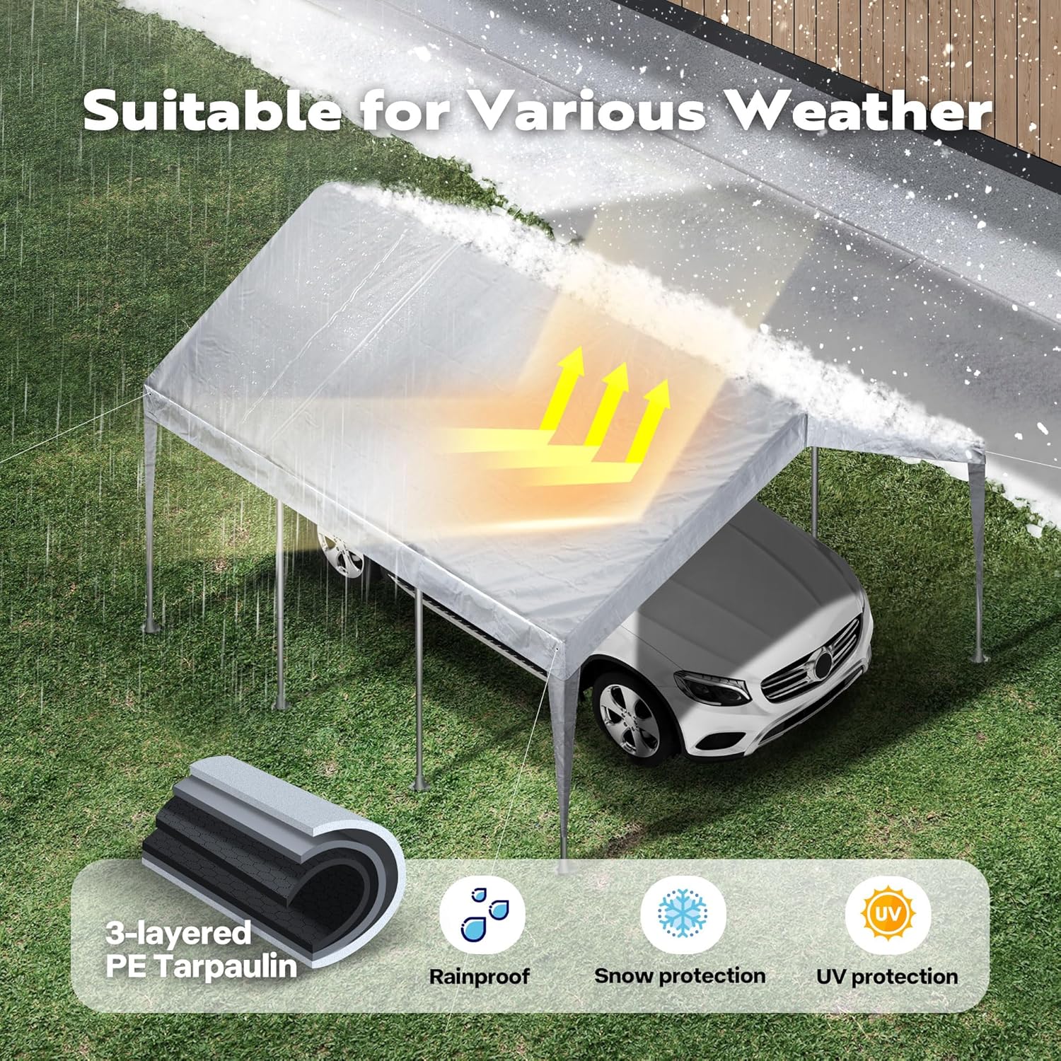 VIVOHOME Cubierta de repuesto para toldo de garaje de 12 x 20 pies, lona impermeable y protegida contra rayos UV de 6.53 onzas con 48 hebillas