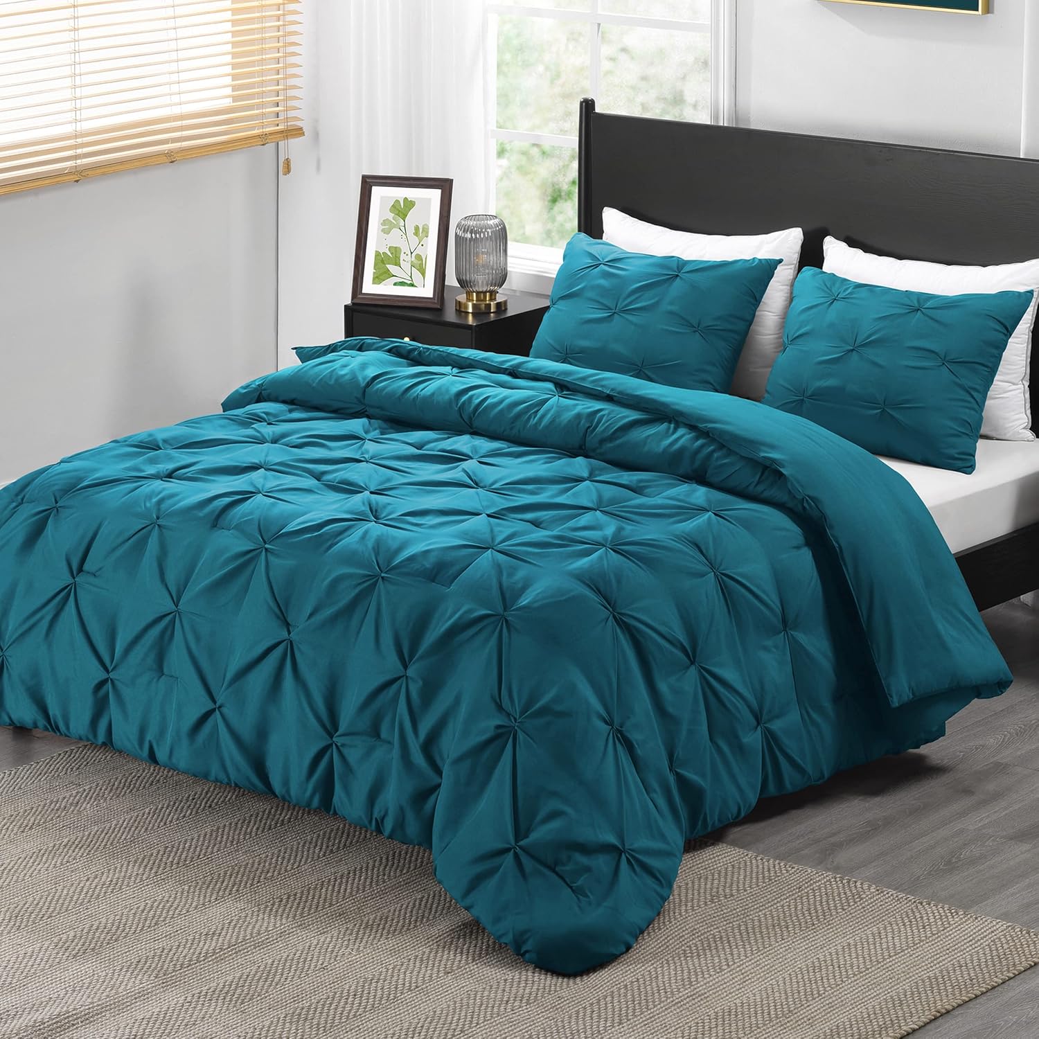 downluxe Pintuck – Juego de edredón Queen con 2 fundas de almohada, 3 piezas, juego de edredón de cama Queen color verde azulado cristalino para
