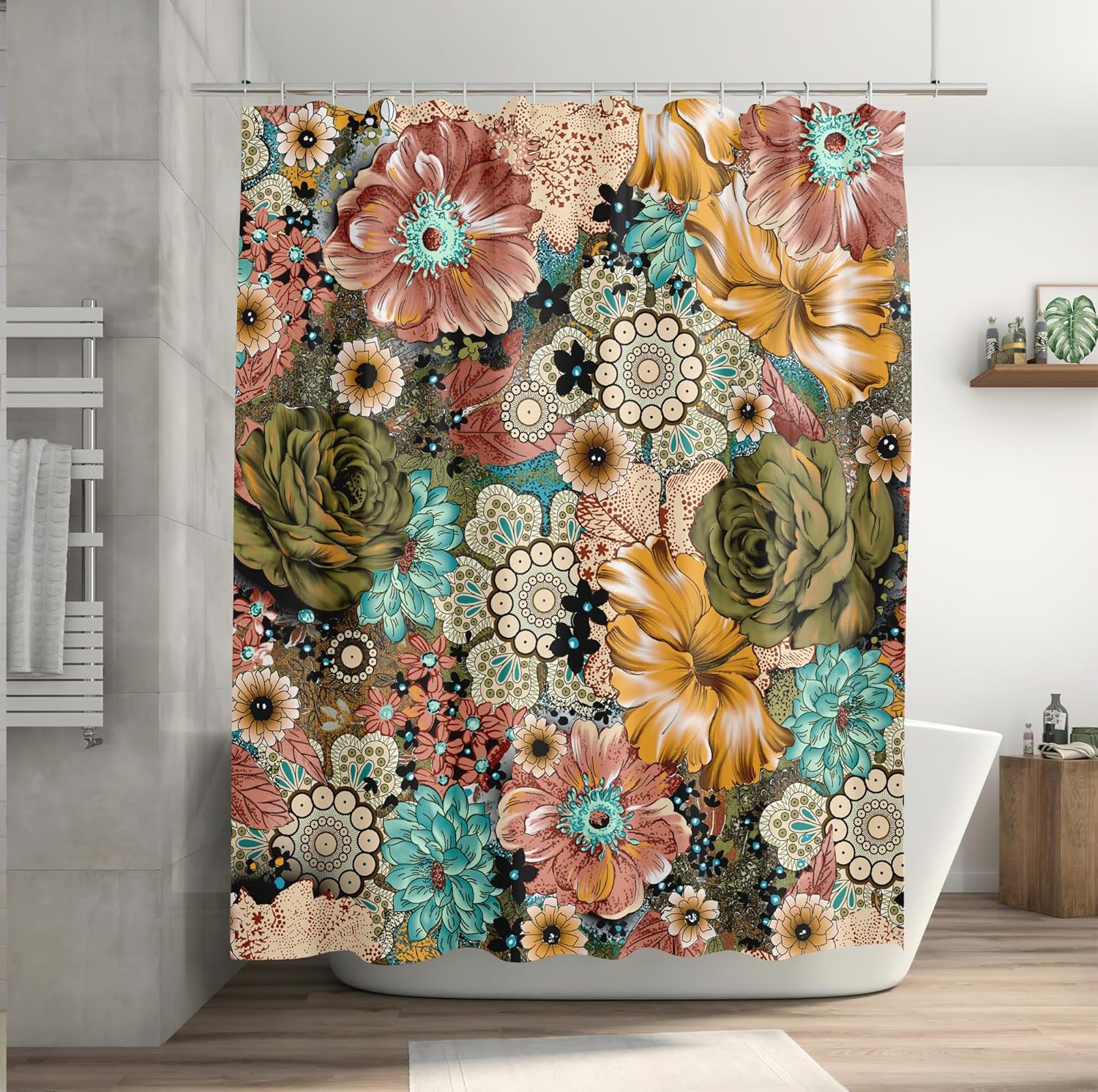 Cortina de ducha con diseño floral bohemio, elegante y bohemio, cortina de ducha de tela impermeable con 12 ganchos, 72 x 72 pulgadas
