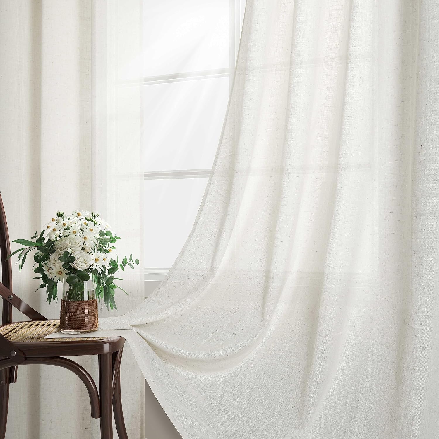 Cortinas de lino marfil de 96 pulgadas de largo, juego de 2 paneles para sala de estar, puertas corredizas de vidrio, cortinas filtrantes de luz de