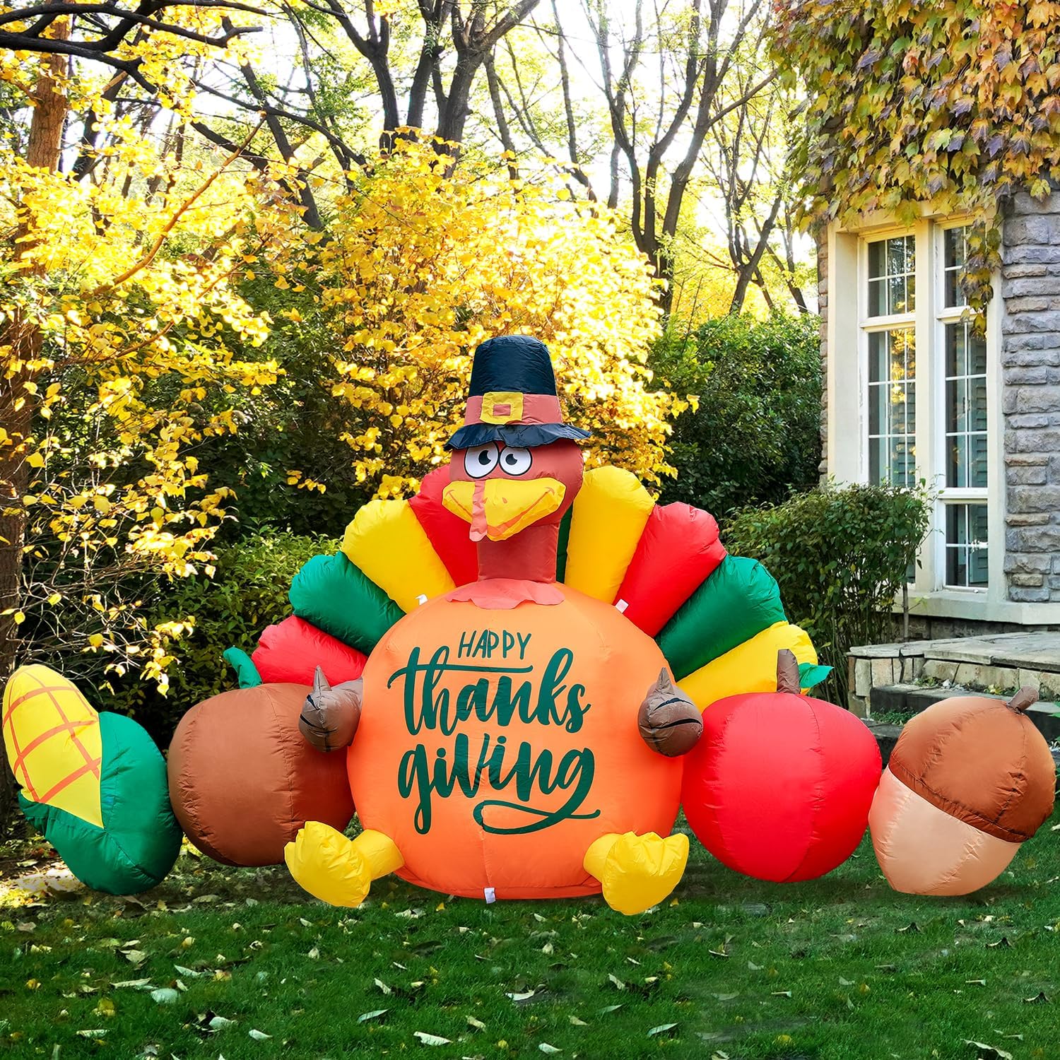 DomKom Decoraciones inflables de Acción de Gracias de 8 pies, pavo y verduras se inflan con luces LED para otoño, otoño, feliz festival de Acción de