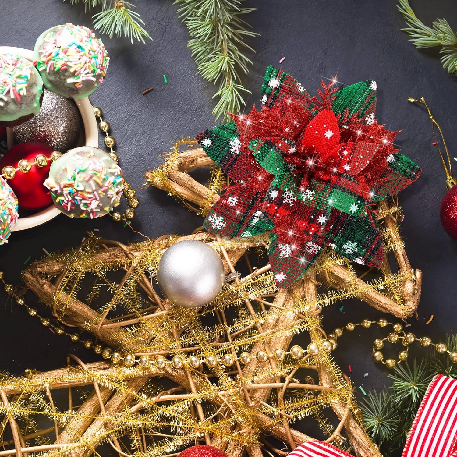 Adornos de flores de Pascua artificiales de Navidad con purpurina y clips y tallos, adornos para árbol de Navidad de Pascua con purpurina para bodas