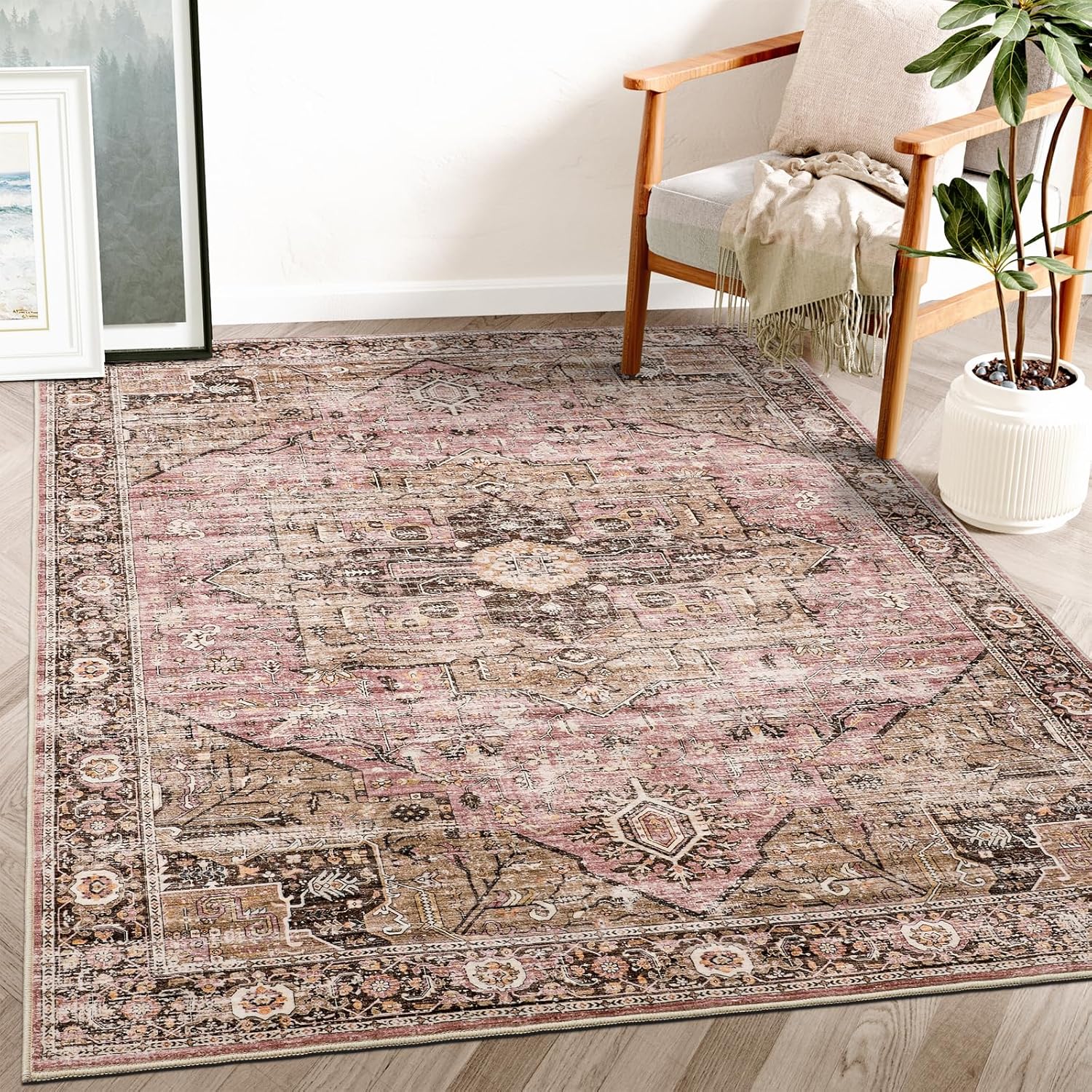 Alfombra de 6 x 9, resistente a las manchas, lavable con parte trasera antideslizante, vintage grande para dormitorio grande, alfombra plegable