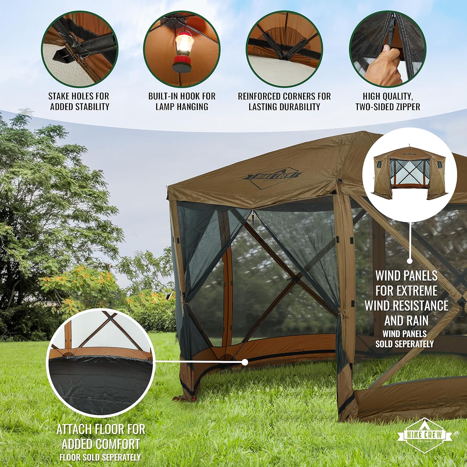 Hike Crew Tienda de campaña de 12 x 12 pies  Refugio instantáneo de 6 lados para exteriores con estacas, cuerdas y bolsa de transporte para