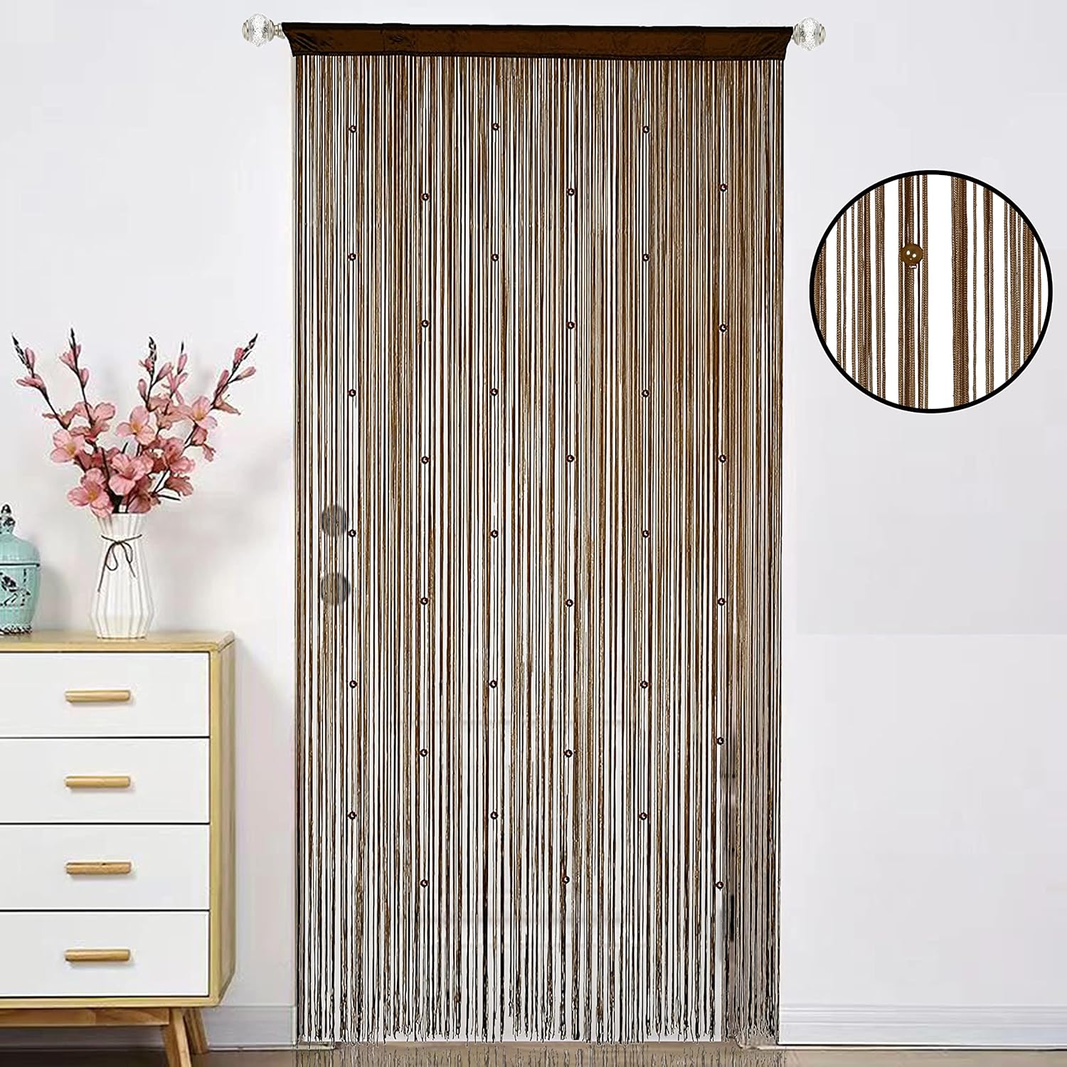 Cortinas de cuerda para sala de estar, con cuentas de perlas, flecos y borlas, para puertas