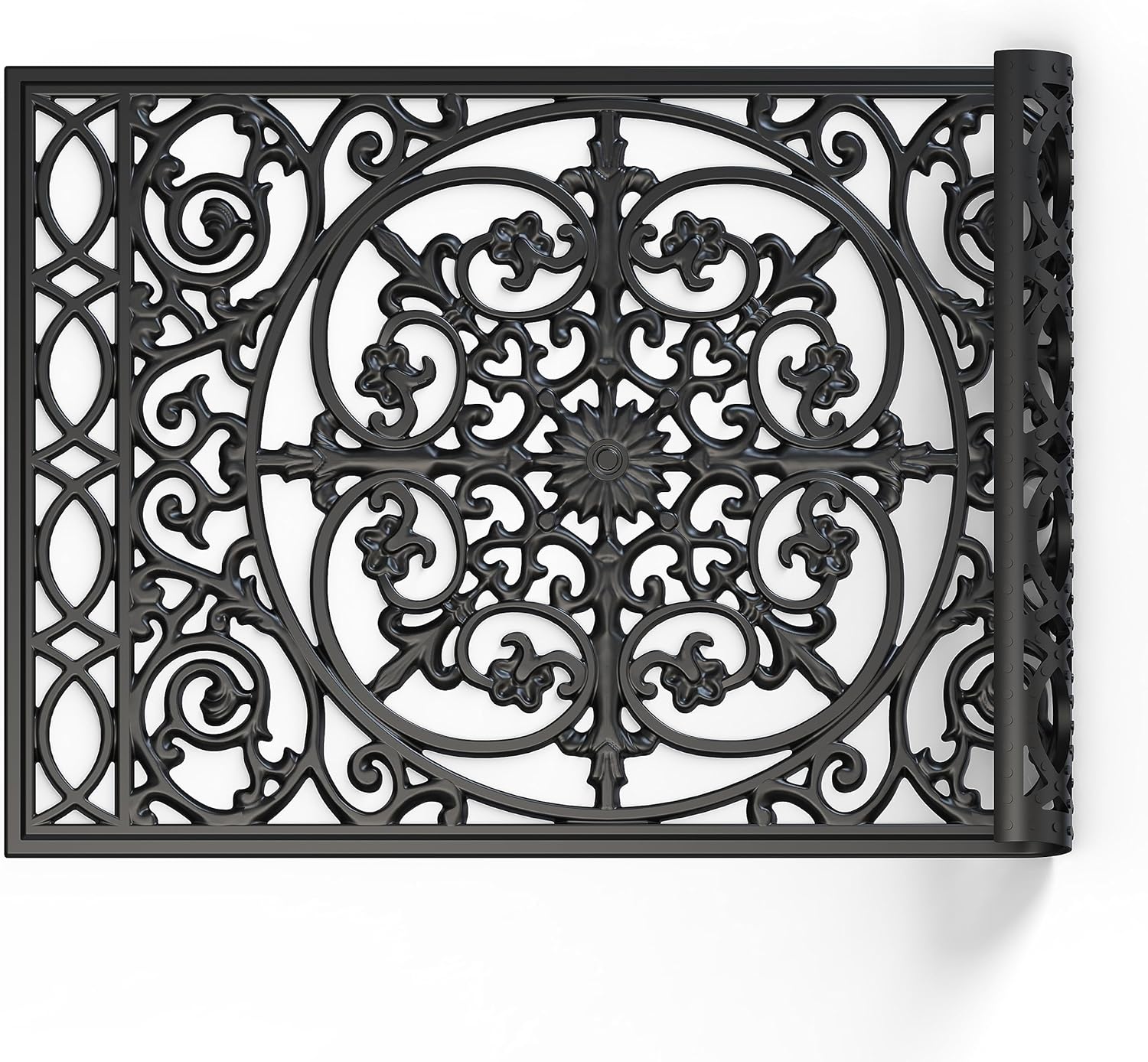 Felpudo de goma, duradero, de perfil bajo, para interiores y exteriores, fácil de limpiar, tapete de entrada de patio (flor negra, 24 x 16 pulgadas)