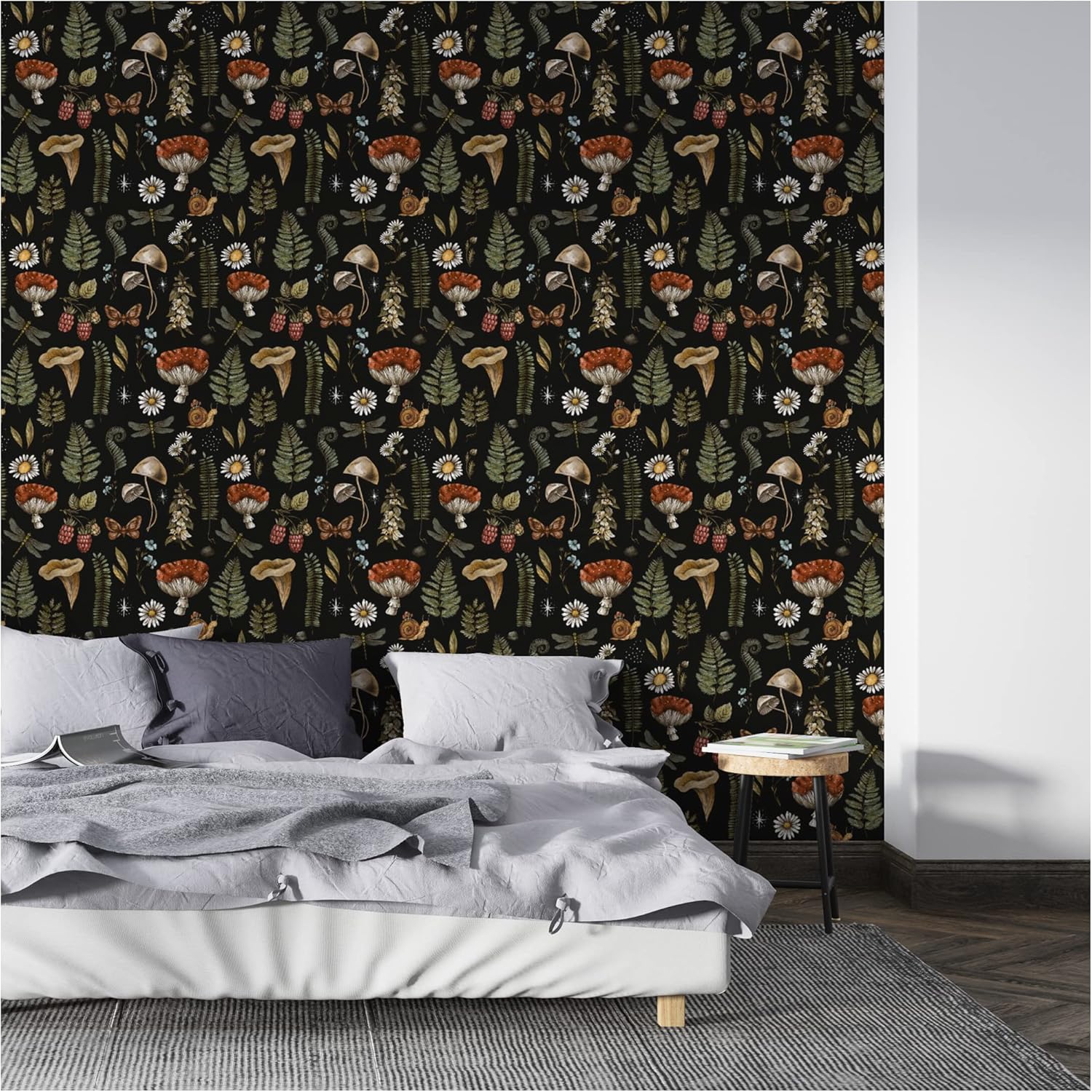 UniGoos Papel tapiz de helecho con caracoles y champiñones, vinilo retro, autoadhesivo, papel de pared temporal, fondo negro, papel de contacto
