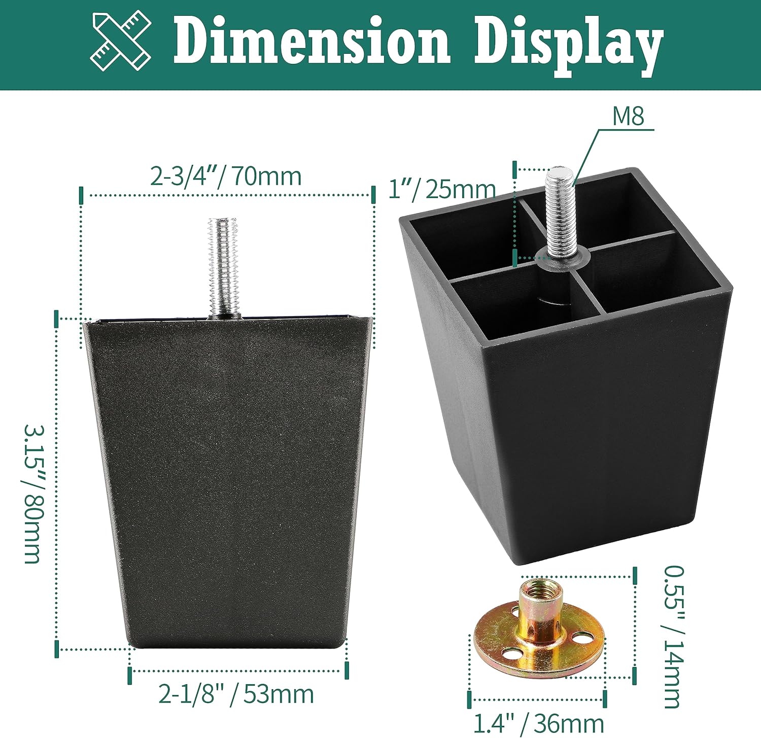 8 patas de plástico para muebles de 3 pulgadas, patas de sofá negras, patas cuadradas para muebles, patas de repuesto para sofá con tuercas de placa