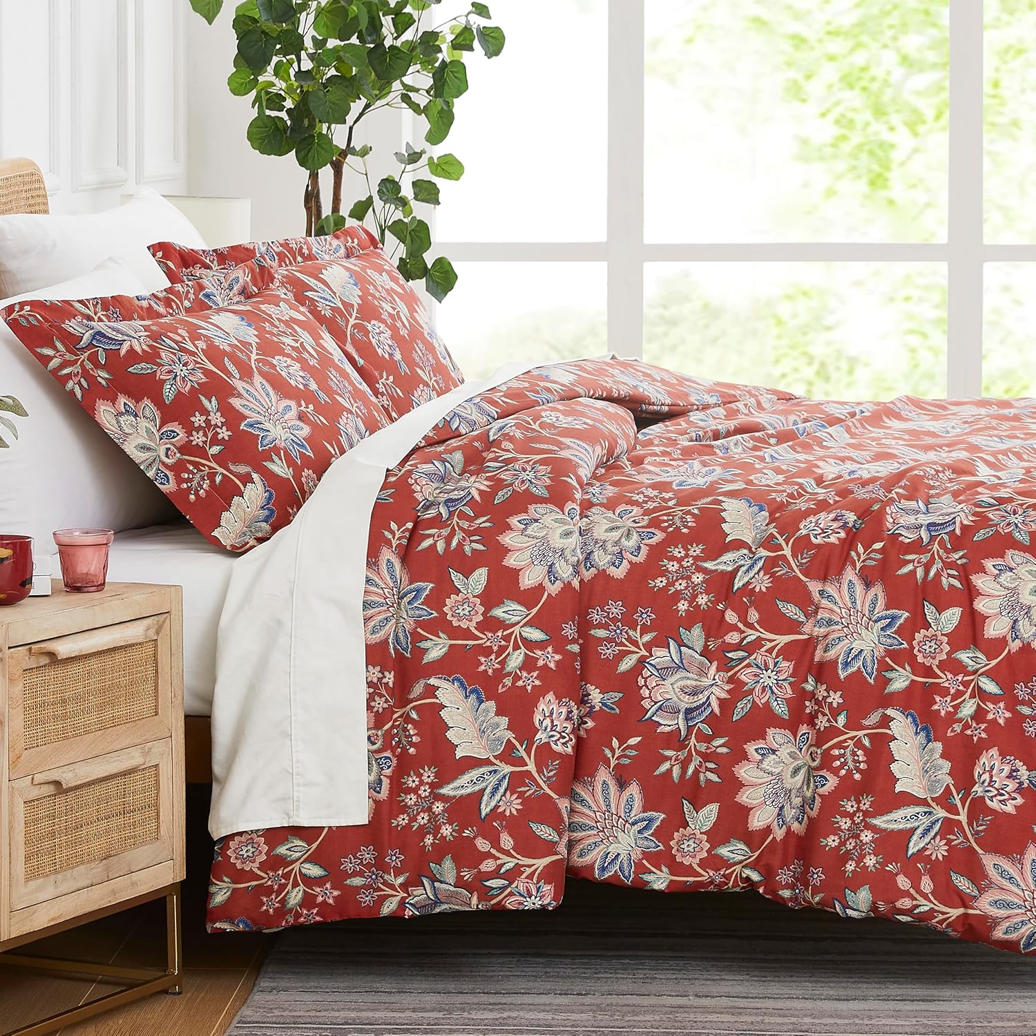 Southshore Fine Living, Inc. Jacobean Willow Collection – Juego de funda de edredón tamaño individual, funda de edredón floral roja de 2 piezas con