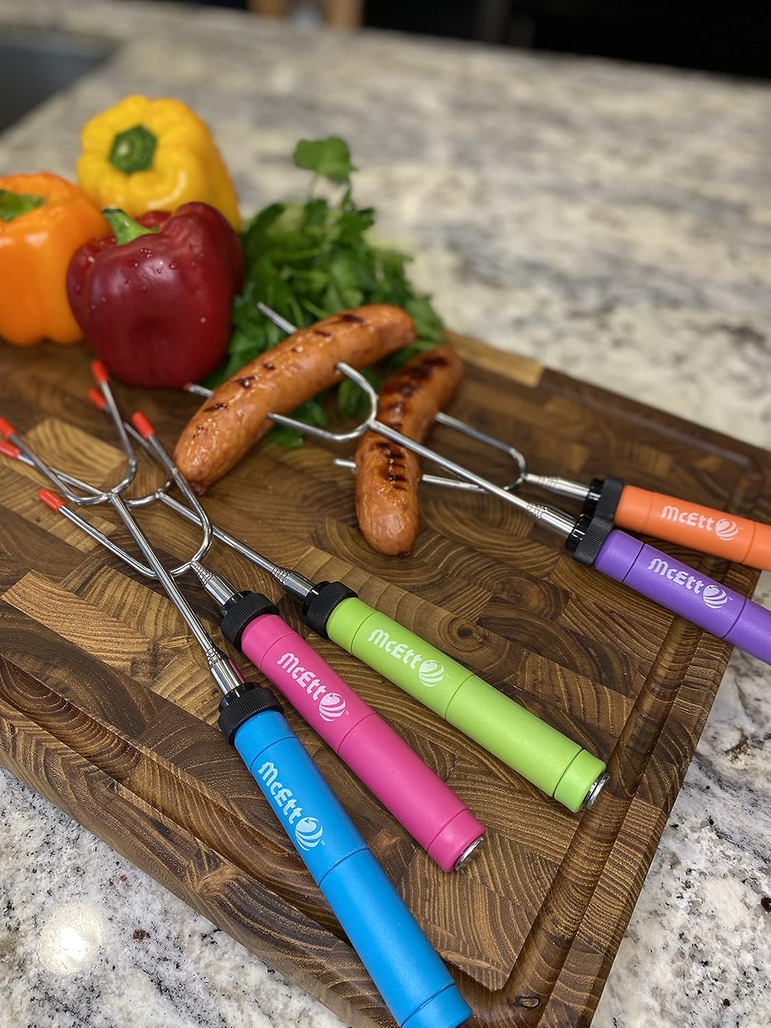 Kit de palos para asar malvaviscos, 5 tenedores telescópicos de acero inoxidable giratorios de 34 pulgadas para barbacoa, bolsa de lona y