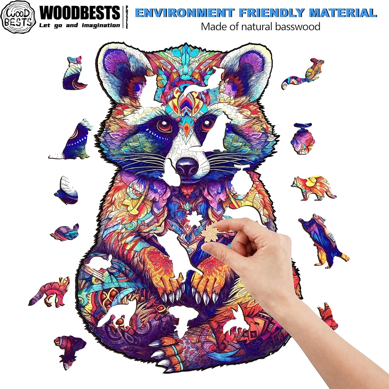 WOODBESTS Rompecabezas de madera para adultos, rompecabezas de animales de mapache (S, 100 piezas, 7.9 x 5.4 pulgadas), hermosa caja de madera,