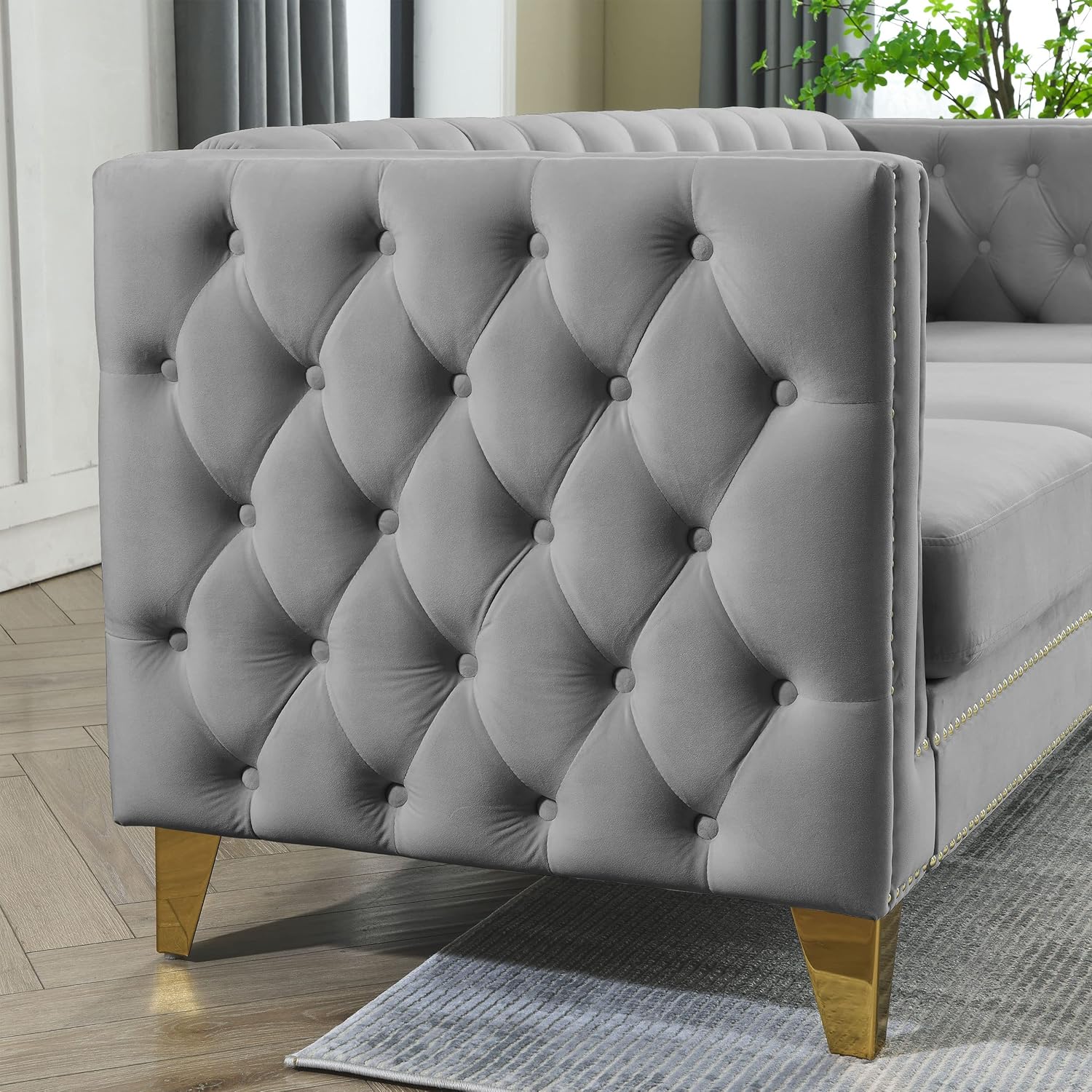 Sofá moderno de 3 plazas, sofá de terciopelo de 80 pulgadas, con botones cuadrados copetudos, sofá moderno para sala de estar, tapizado con botones