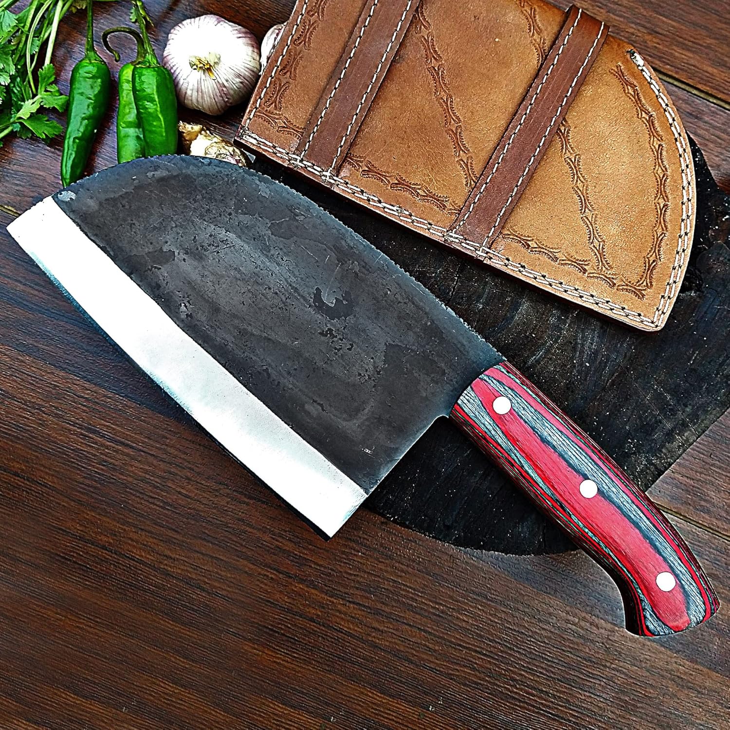 ColdLand – Cuchillo de carnicero de alto carbono, cuchillo de carnicero forjado a mano, cuchillo de cortar verduras con funda de cuero para cocina,