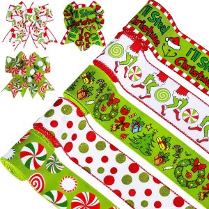 AnyDesign – 5 rollos de cinta de Navidad con borde con alambre de Navidad, divertido personaje de dibujos animados, cinta roja y verde con AnyDesign – 5 rollos de cinta de Navidad con borde con alambre de Navidad, divertido personaje de dibujos animados, cinta roja y verde con