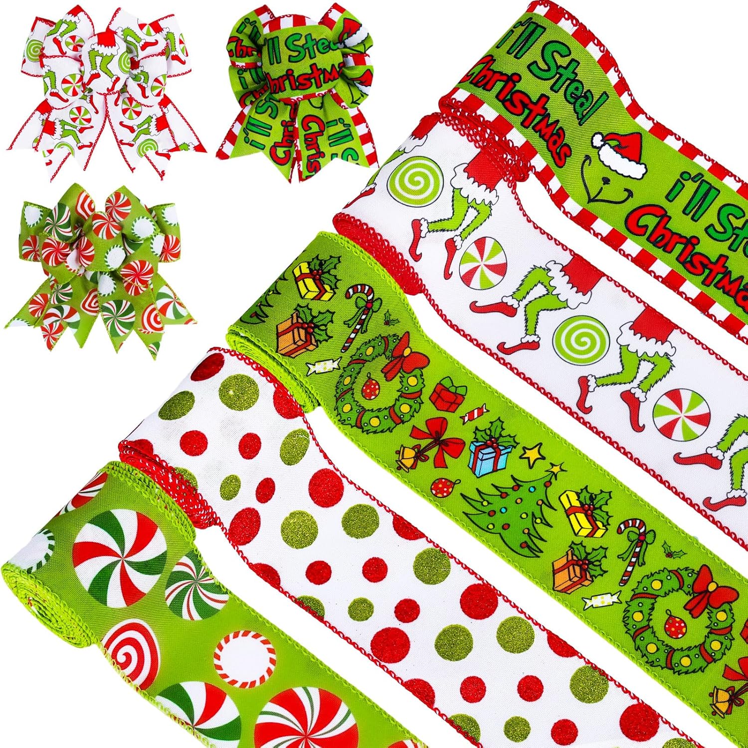 AnyDesign – 5 rollos de cinta de Navidad con borde con alambre de Navidad, divertido personaje de dibujos animados, cinta roja y verde con