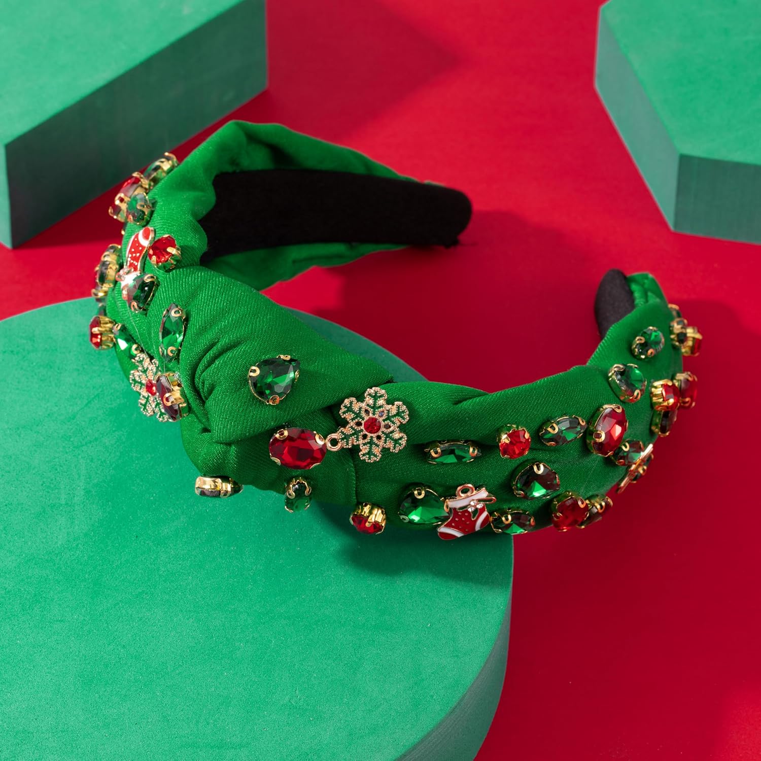 Diadema con joyas de Navidad para mujer, diseño de árbol de Navidad, copo de nieve adornado, diadema anudada para mujer, accesorios de banda ancha