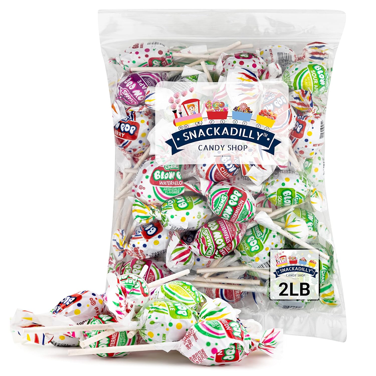 Charms Blow Pops – Pops rellenos de goma de mascar  sabores surtidos  Sandía, cereza, uva, manzana agria y fresa (2 libras)