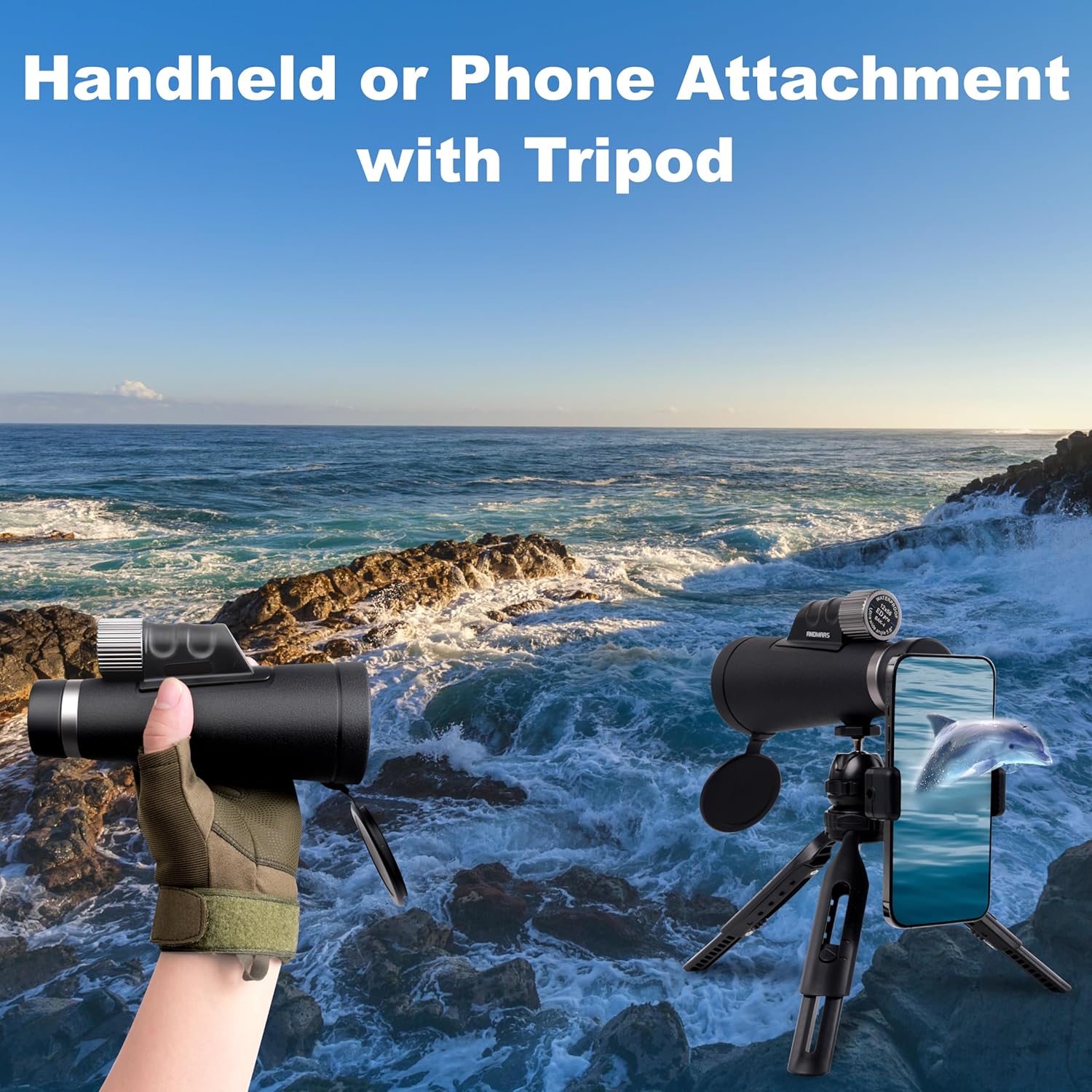 Nuevo monocular Andmars de 12 x 56 ED de alta potencia para adultos. Telescopio impermeable con caja, adaptador de teléfono y trípode. Revestimiento