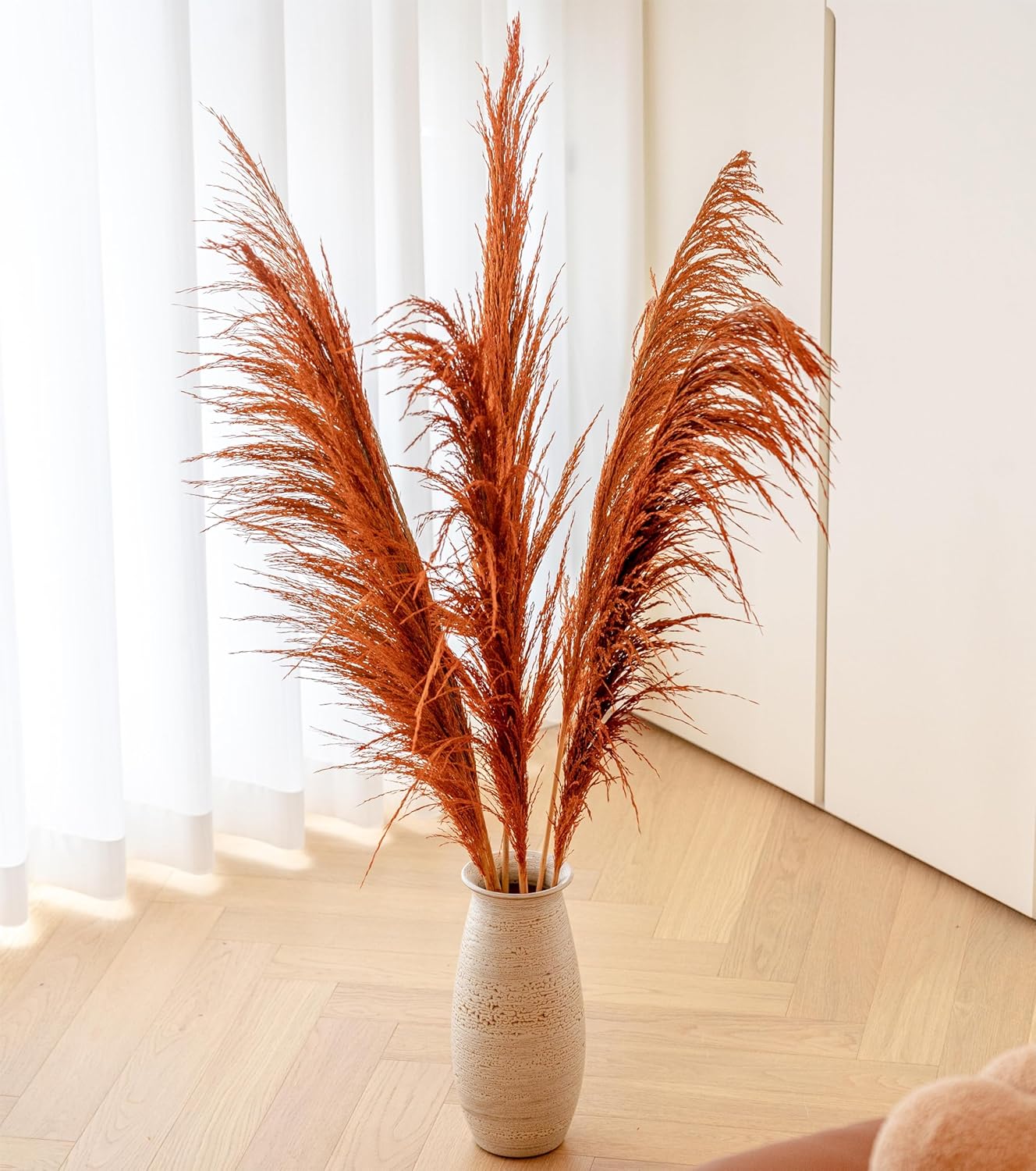 Hierba de pampa naranja quemada alta, 4 pampas marrón natural de 43.3 pulgadas, pompas florales con aroma a flores secas, elegante planta seca