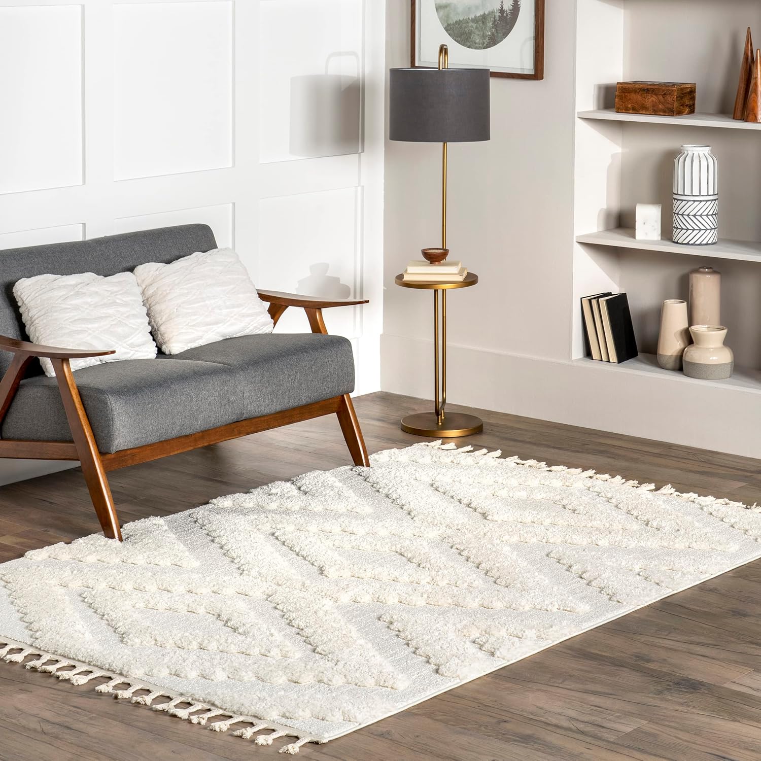 nuLOOM Tinsley – Alfombra geométrica alta y baja con borlas, 4 x 6, color beige