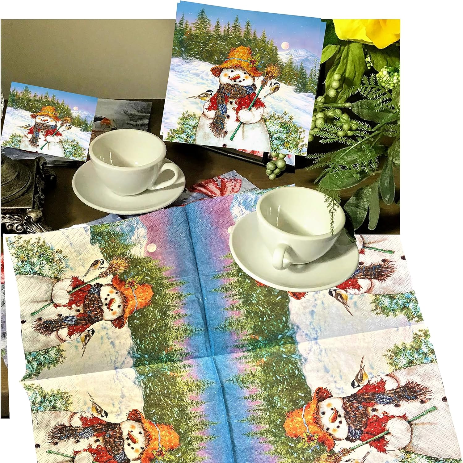 Servilletas de Navidad de 13 x 13 pulgadas para Decoupage, servilletas de muñeco de nieve con pájaros, servilletas de papel de Navidad, servilletas