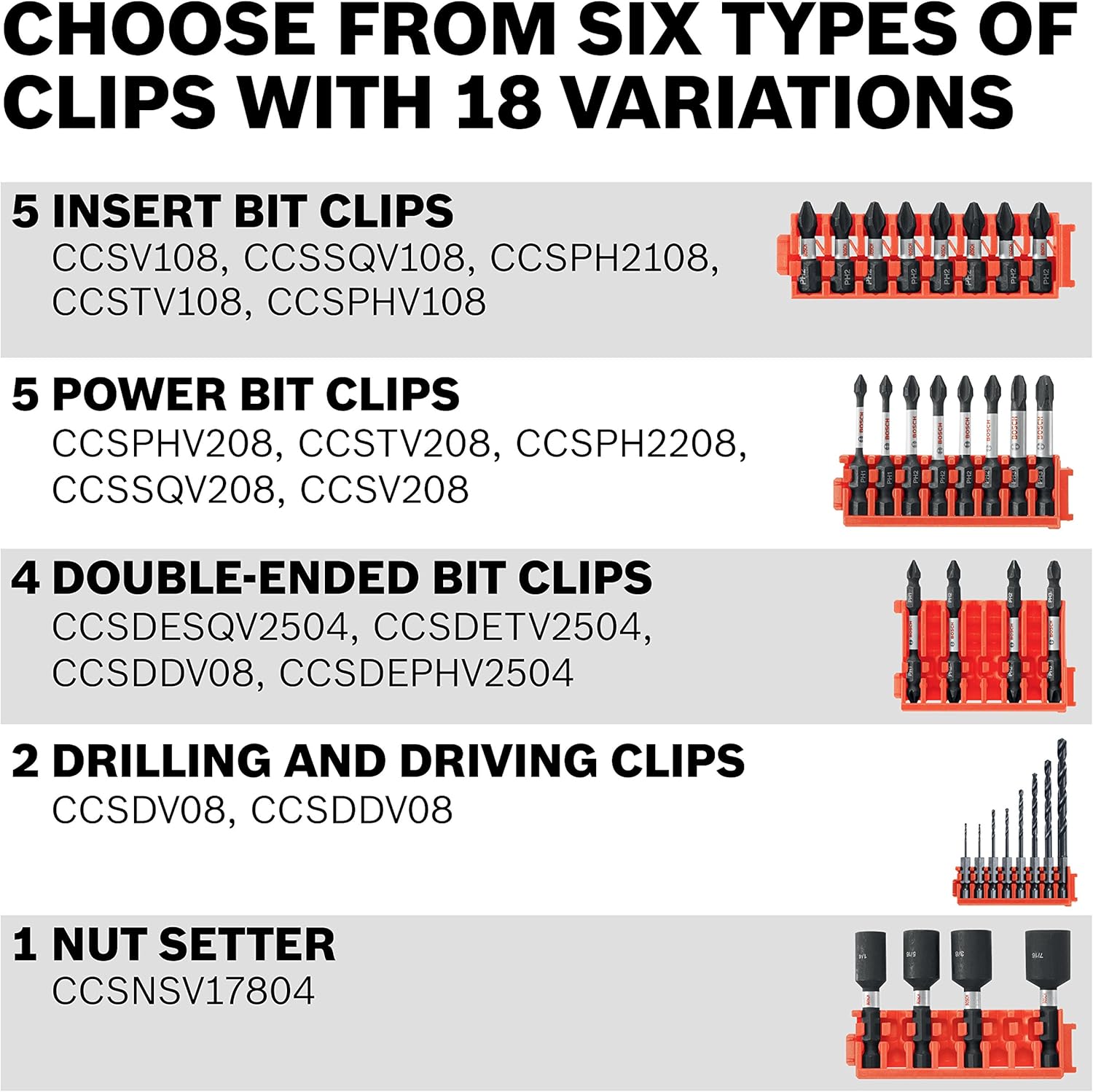 BOSCH CCSV108 – Juego surtido de 8 piezas de 1 pulgada (2 unidades) Phillips resistentes al impacto, cuadrado y Torx con clip para sistema de caja