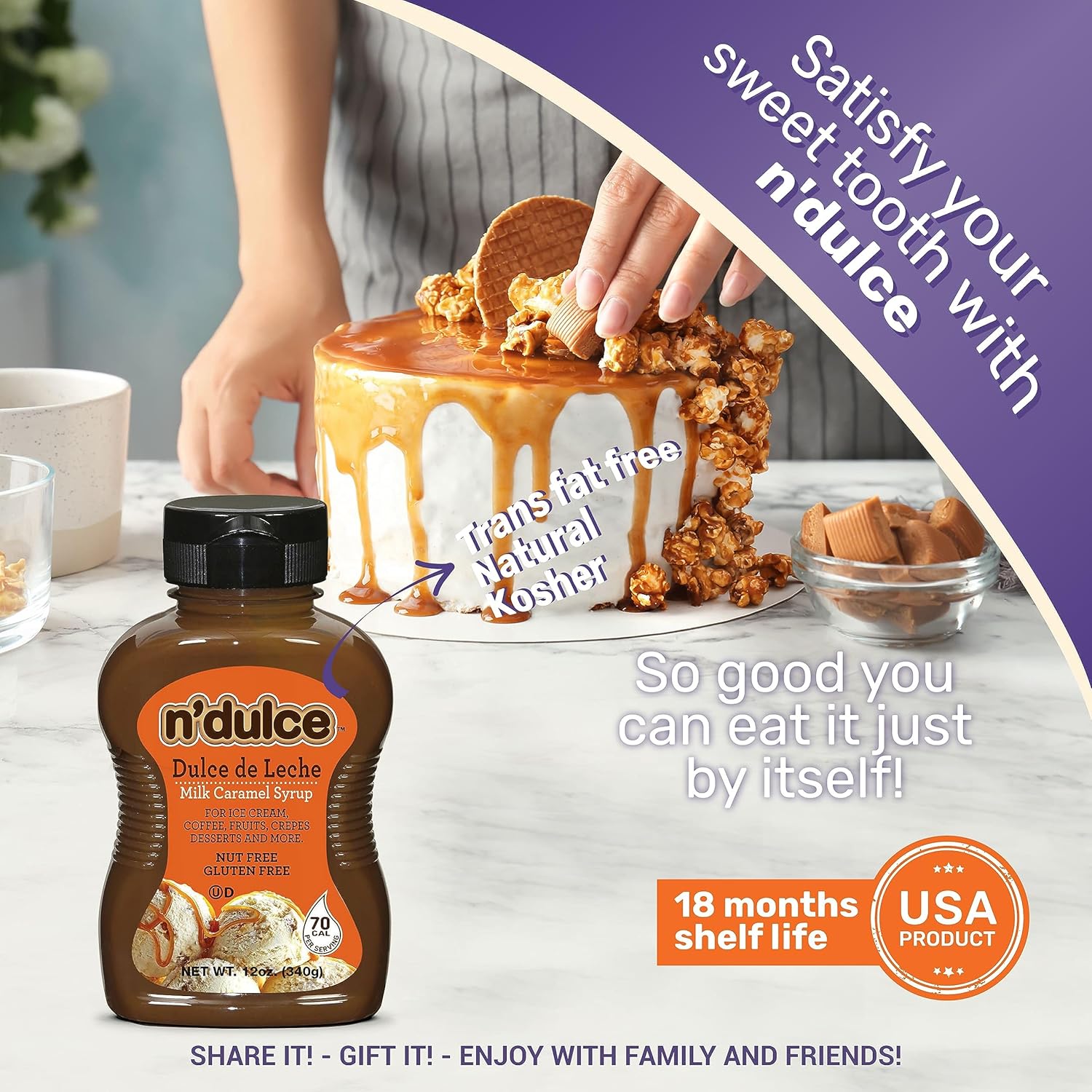 N’DULCE Dulce De Leche Jarabe  Cremas de caramelo  Jarabes para bebidas de café  Textura ligera y sabor rico  Sin gluten  Sin nueces  Jarabe