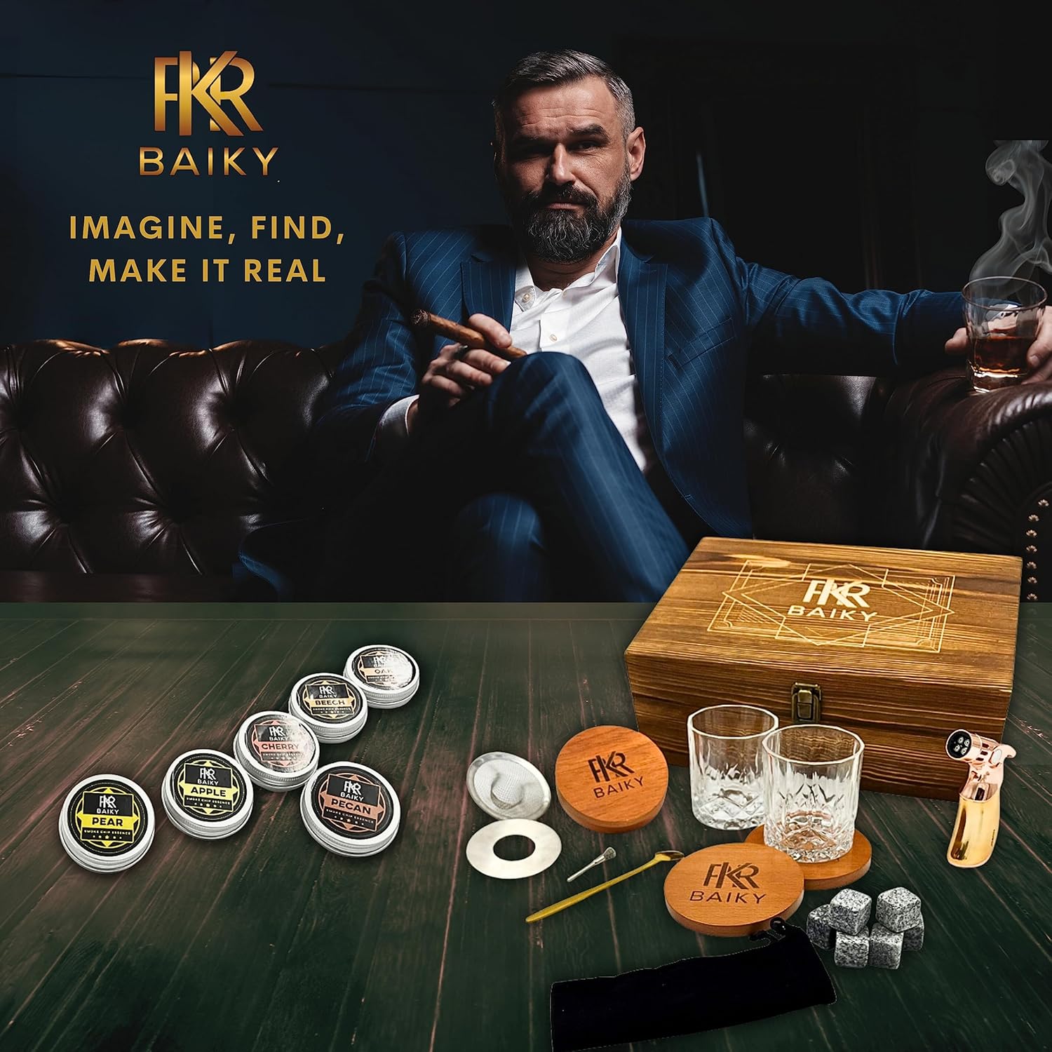 Kit de ahumador de cóctel con antorcha – Kit de ahumador antiguo – Gama de sabores – Versátil – 2 tazas de vidrio – 2 posavasos – Piedra de whisky –