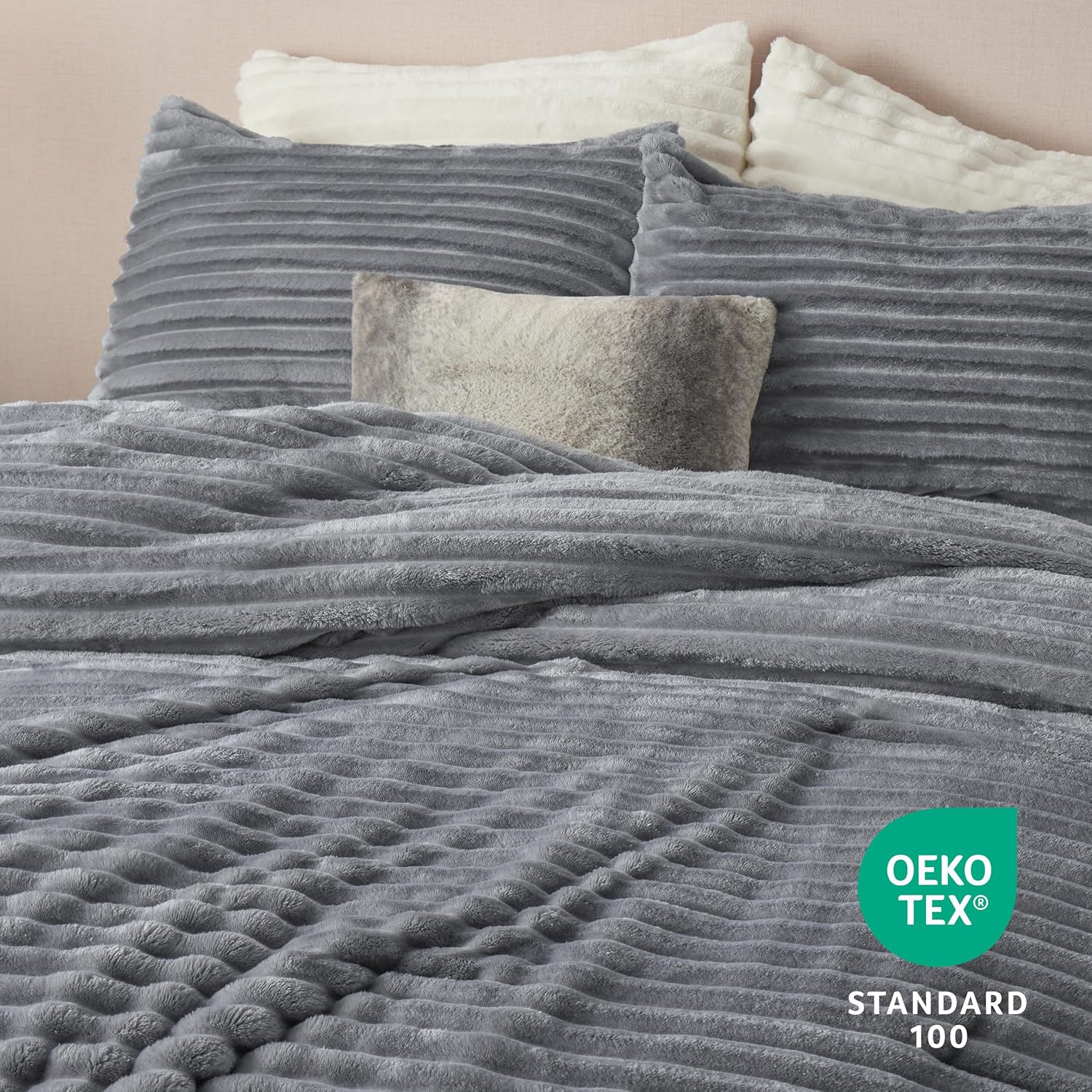 Bedsure Juego de edredón esponjoso tamaño King, edredón de piel sintética súper suave, tamaño King, color gris, juego de ropa de cama de forro polar