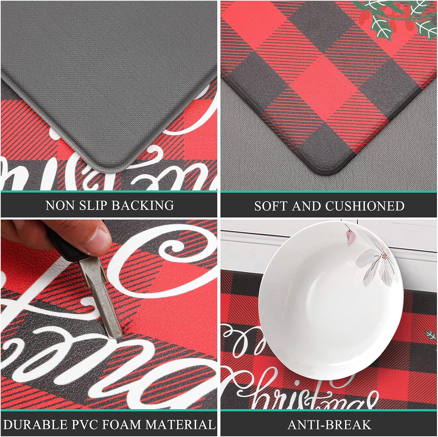 Pauwer Juego de 2 alfombras de cocina con texto en inglés “Merry Christmas”, tapetes de cocina con diseño de búfalo rojo, antideslizantes,