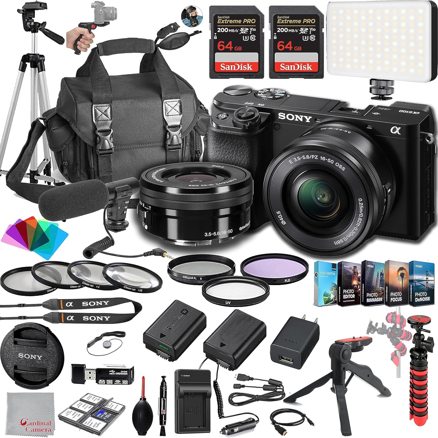 Sony Cámara sin espejo a6100 con lente de 0.630-1.969 in, memoria de velocidad extrema de 128 GB, lente gran angular .43 y 2X, funda, trípode,