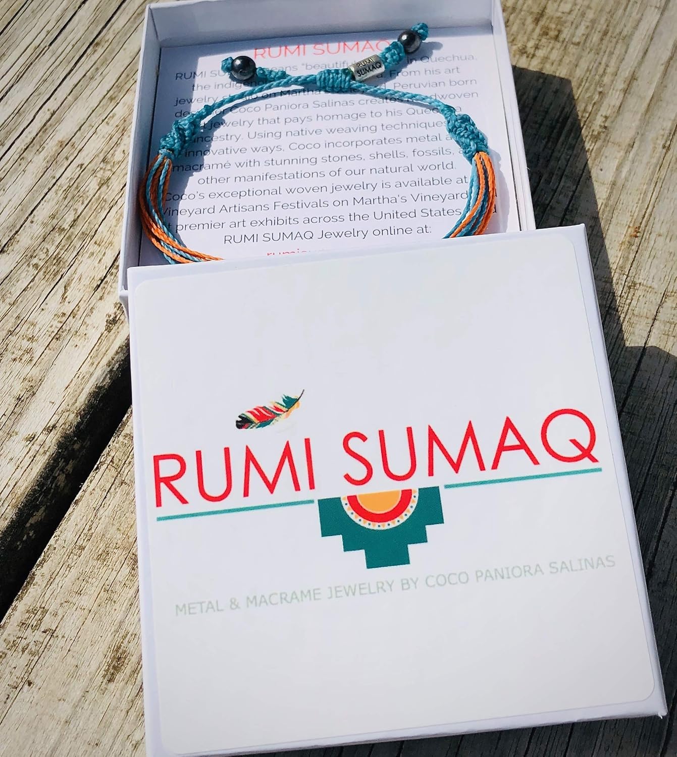 String Surf Bracelet for Men and Women with Hematite Stones in Orange and Caribbean Aqua Blue – Handmade Pull Cord Ocean Surfer Bracelet by Rumi