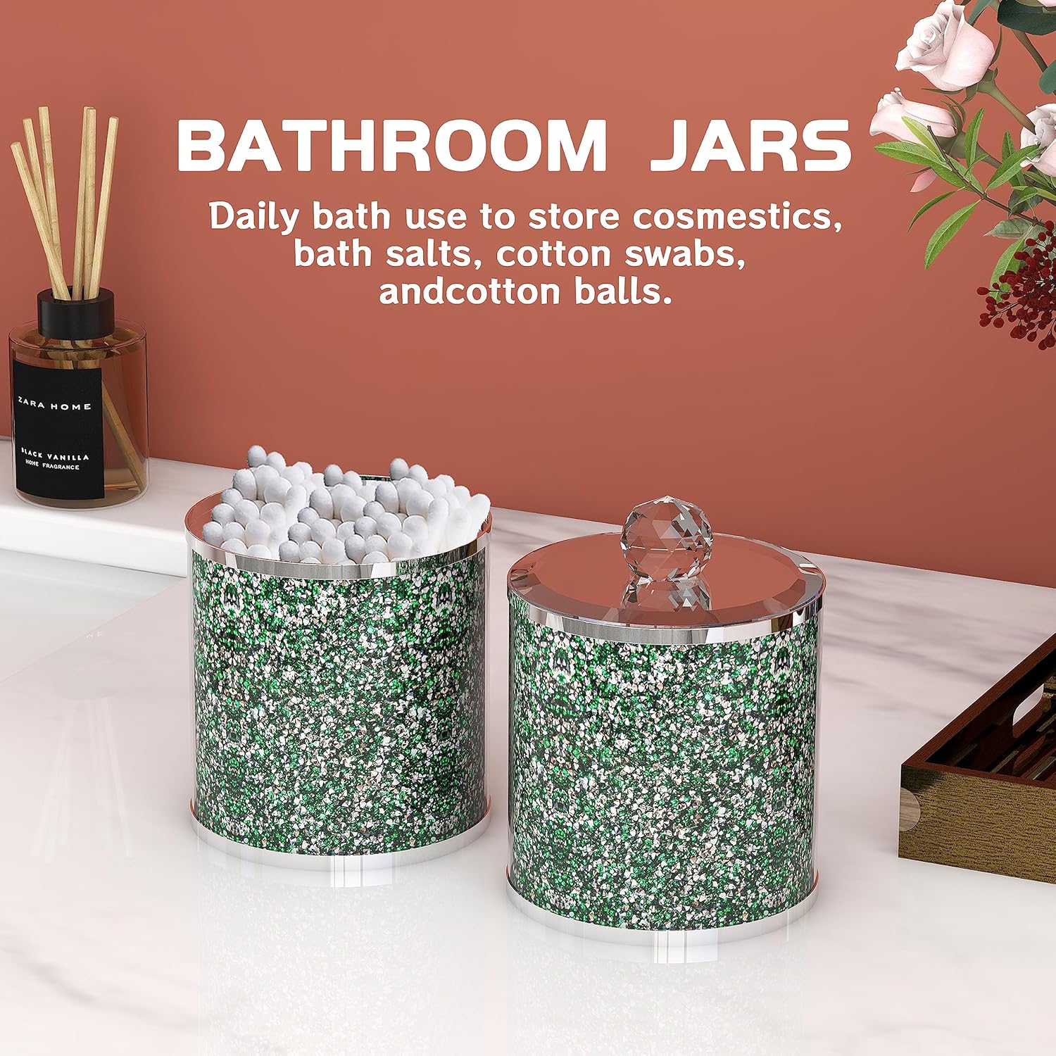 SHYFOY Juego de 3 recipientes de vidrio decorativos, tarros verdes con tapa, diamante triturado, decoración del hogar, contenedor de almacenamiento