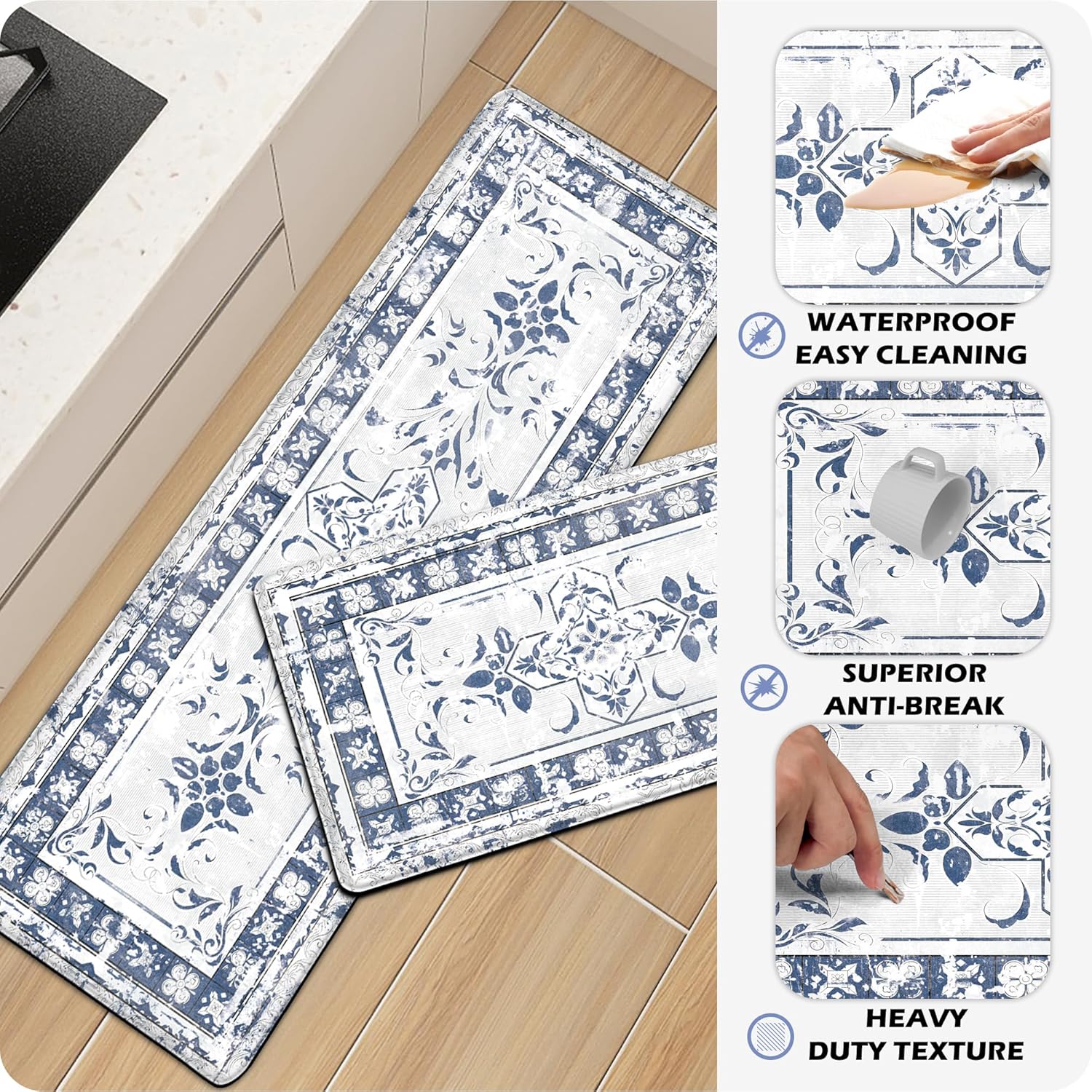 Alfombras de cocina de granja, acolchadas, antifatiga, para el suelo de la cocina, color azul, decoración y accesorios de cocina, antideslizantes,