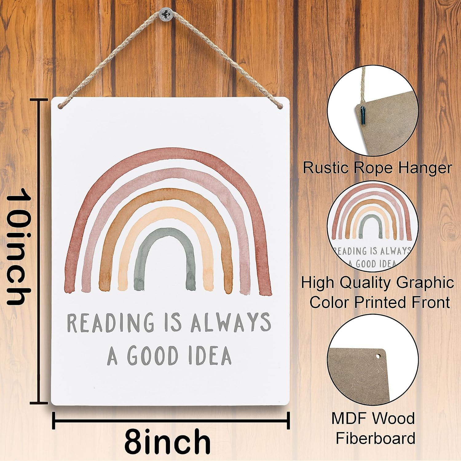 FUGWN Letreros de madera de arcoíris con texto en inglés Boho Reading is Always a Good Idea de 8 x 10 pulgadas, para colgar en la pared, letreros de