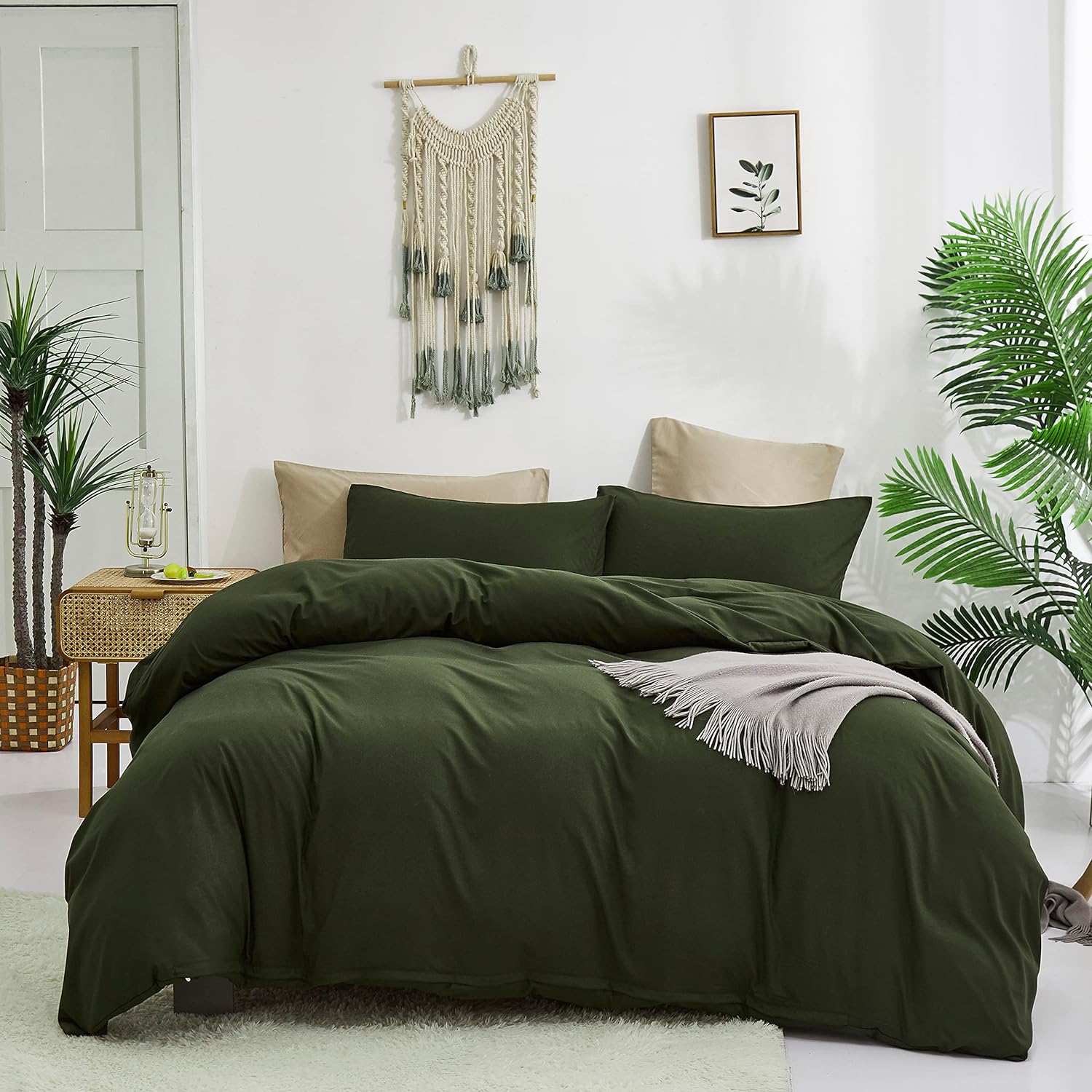 Cottonight – Juego de edredón verde militar tamaño California king, edredón unicolor moderno, suave y transpirable color verde oscuro, juego de 3
