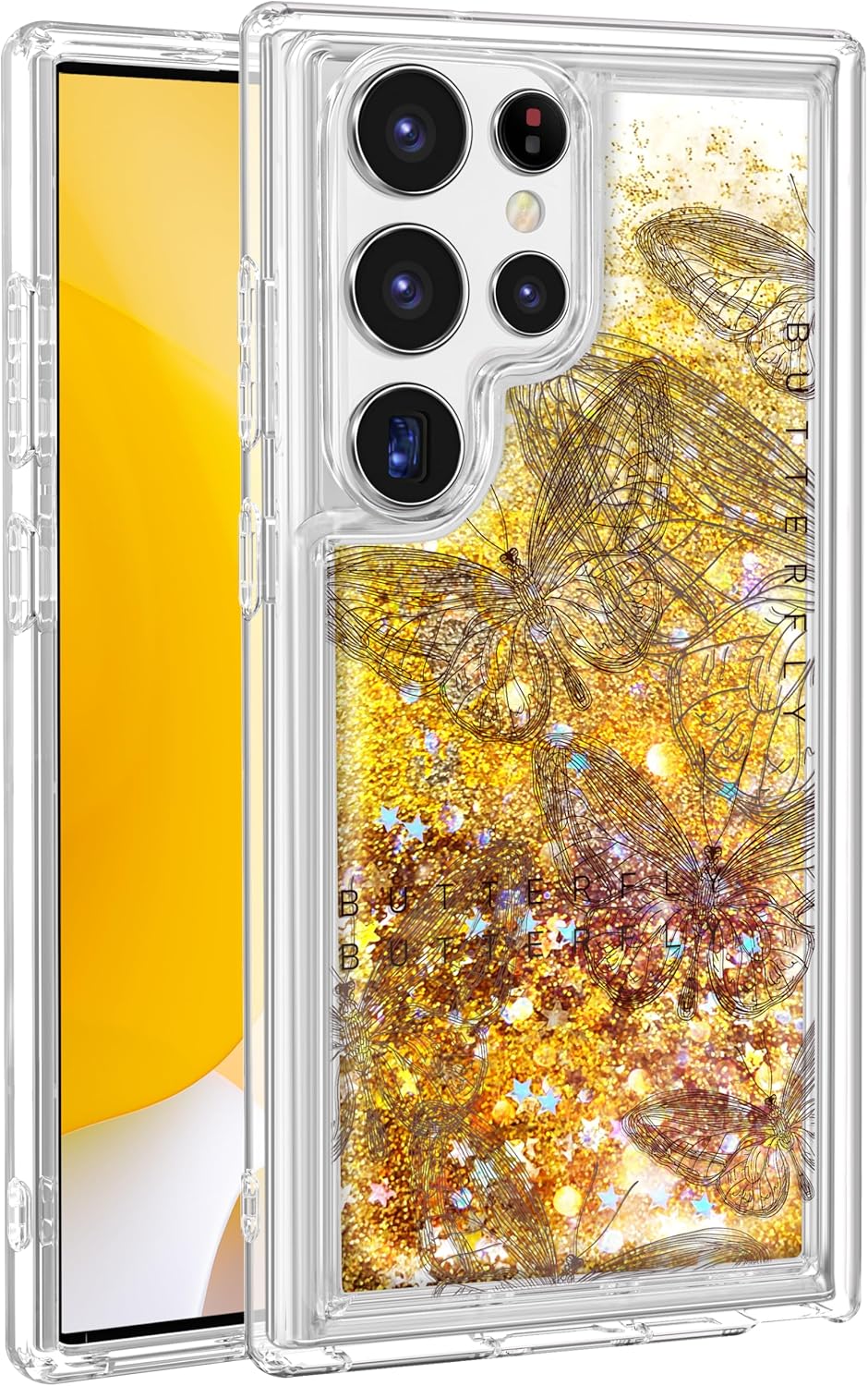 Funda para Samsung Galaxy S22 Ultra con purpurina líquida de arena movediza linda mariposa estética bonita divertida cubierta de diseño brillante