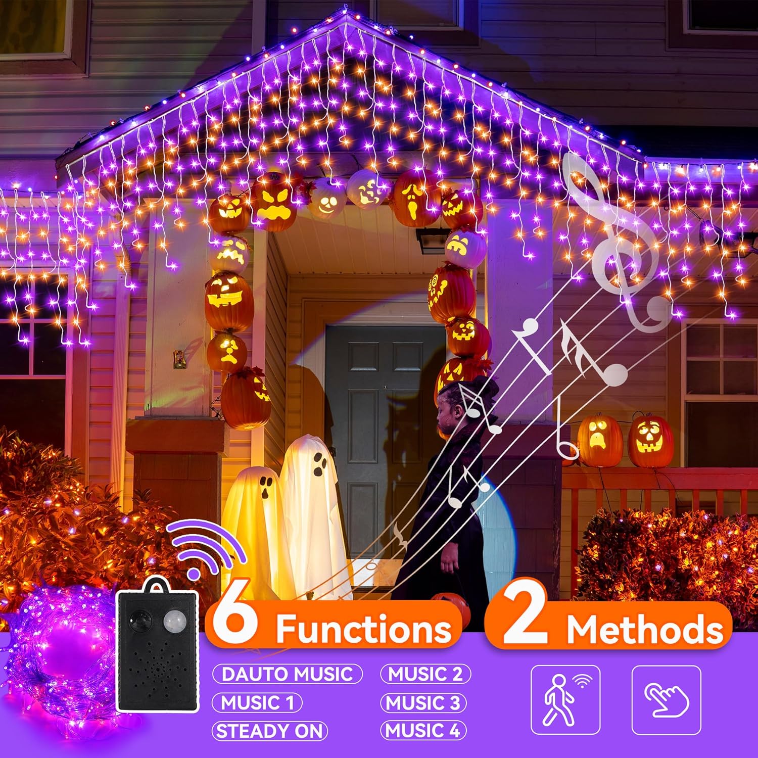 Luces de carámbano de Halloween con función de detección de movimiento de música Spook – 340 LED de 29 pies de longitud de cortina de luces púrpura