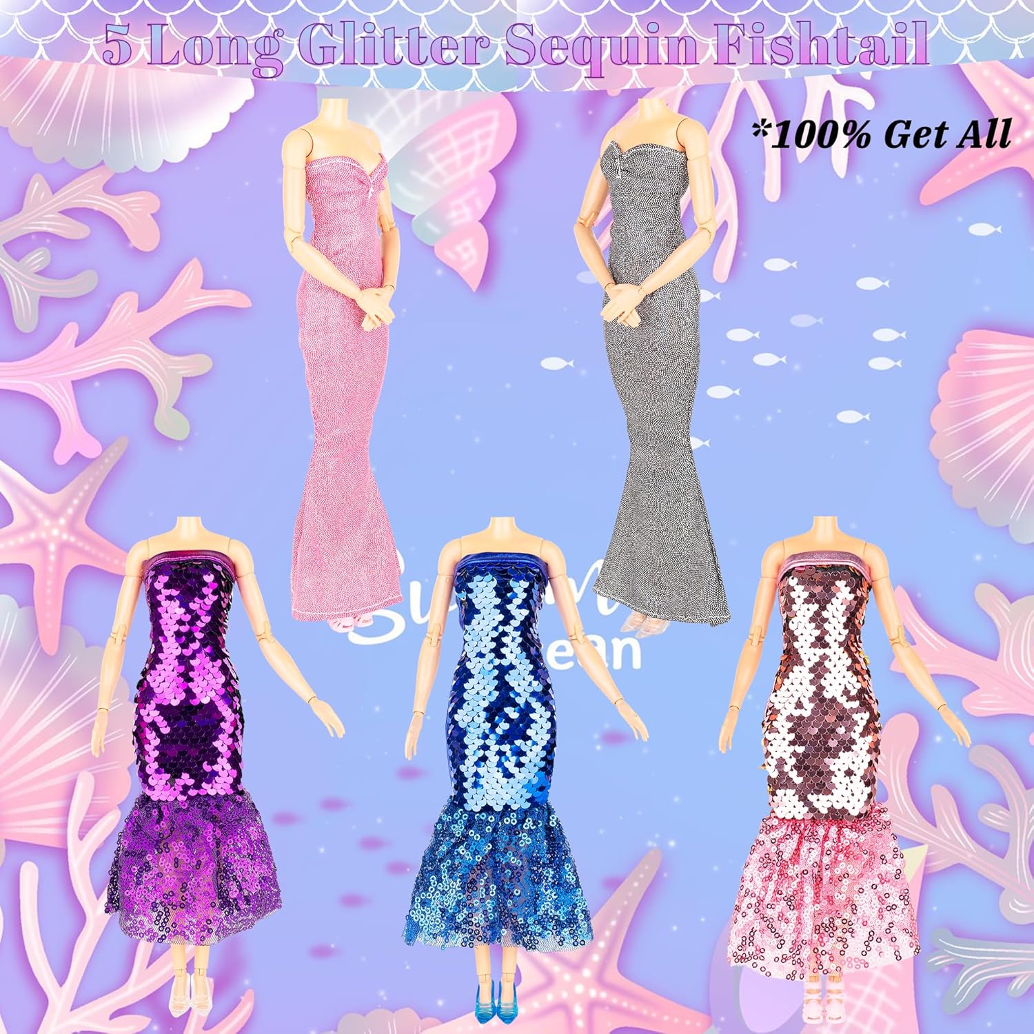 Ropa y accesorios de muñeca de sirena con lentejuelas y brillantina, 12 vestidos de fiesta con purpurina brillante, 2 adornos de corona diferentes y